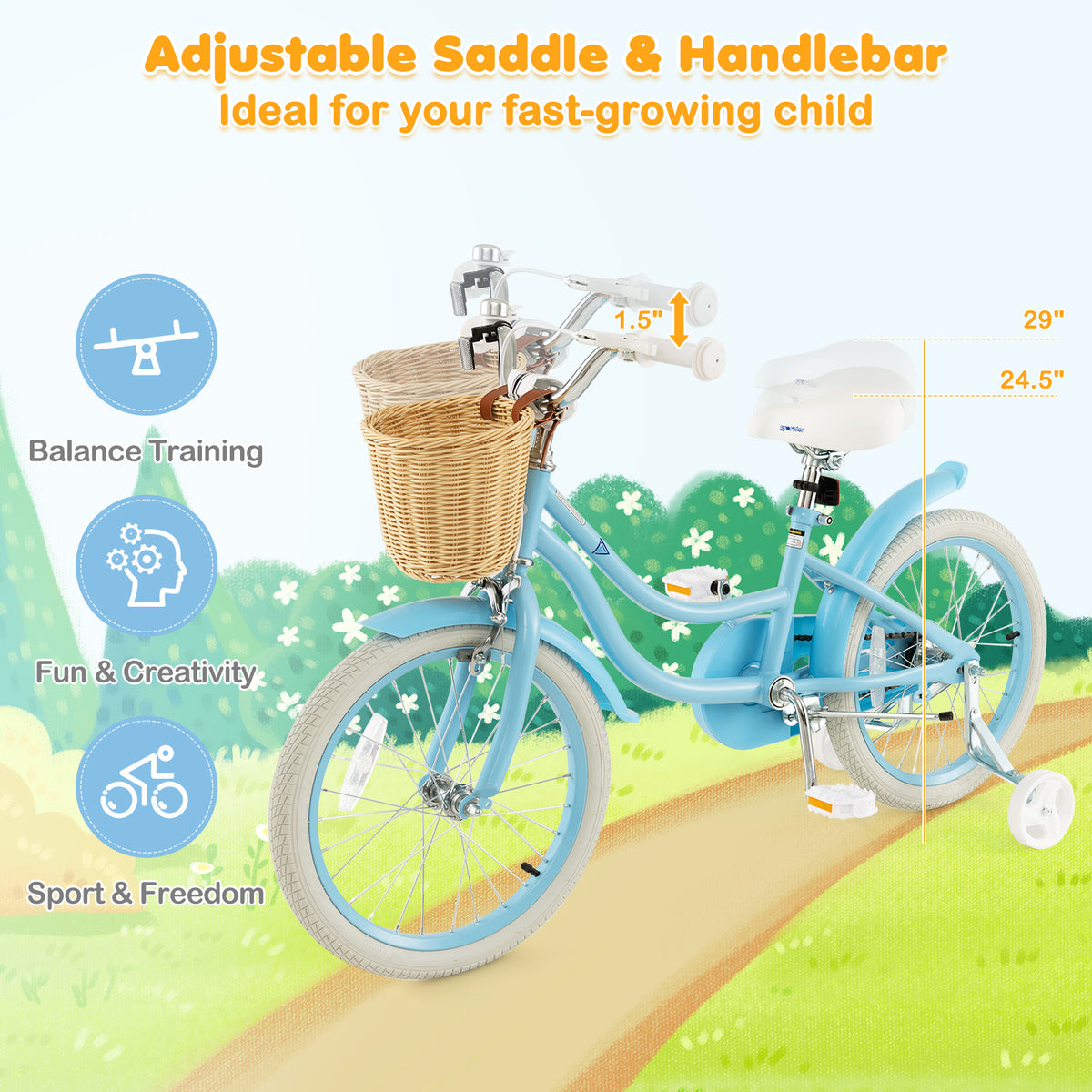 Kids Bike with Training Wheels and Adjustable Handlebar Seat