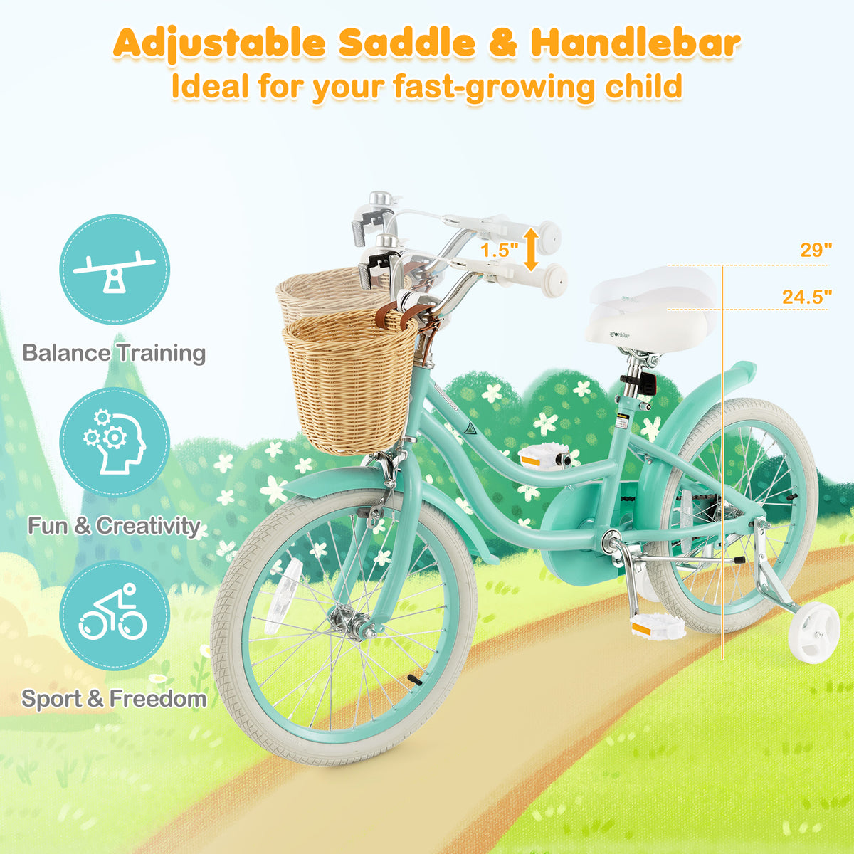 Kids Bike with Training Wheels and Adjustable Handlebar Seat