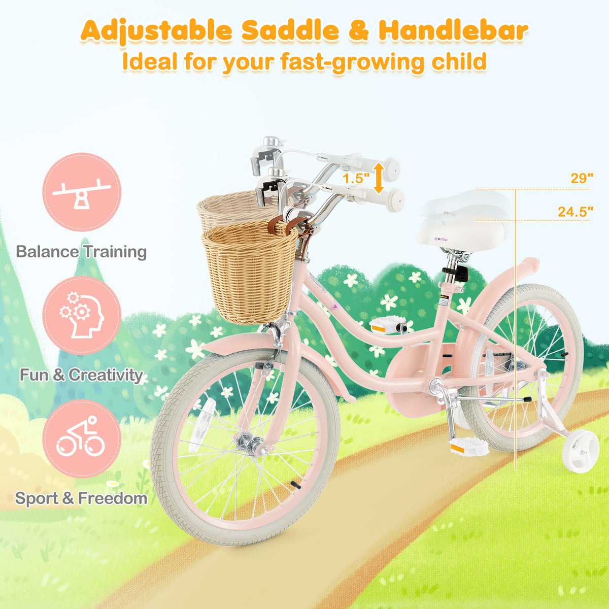 Kids Bike with Training Wheels and Adjustable Handlebar Seat