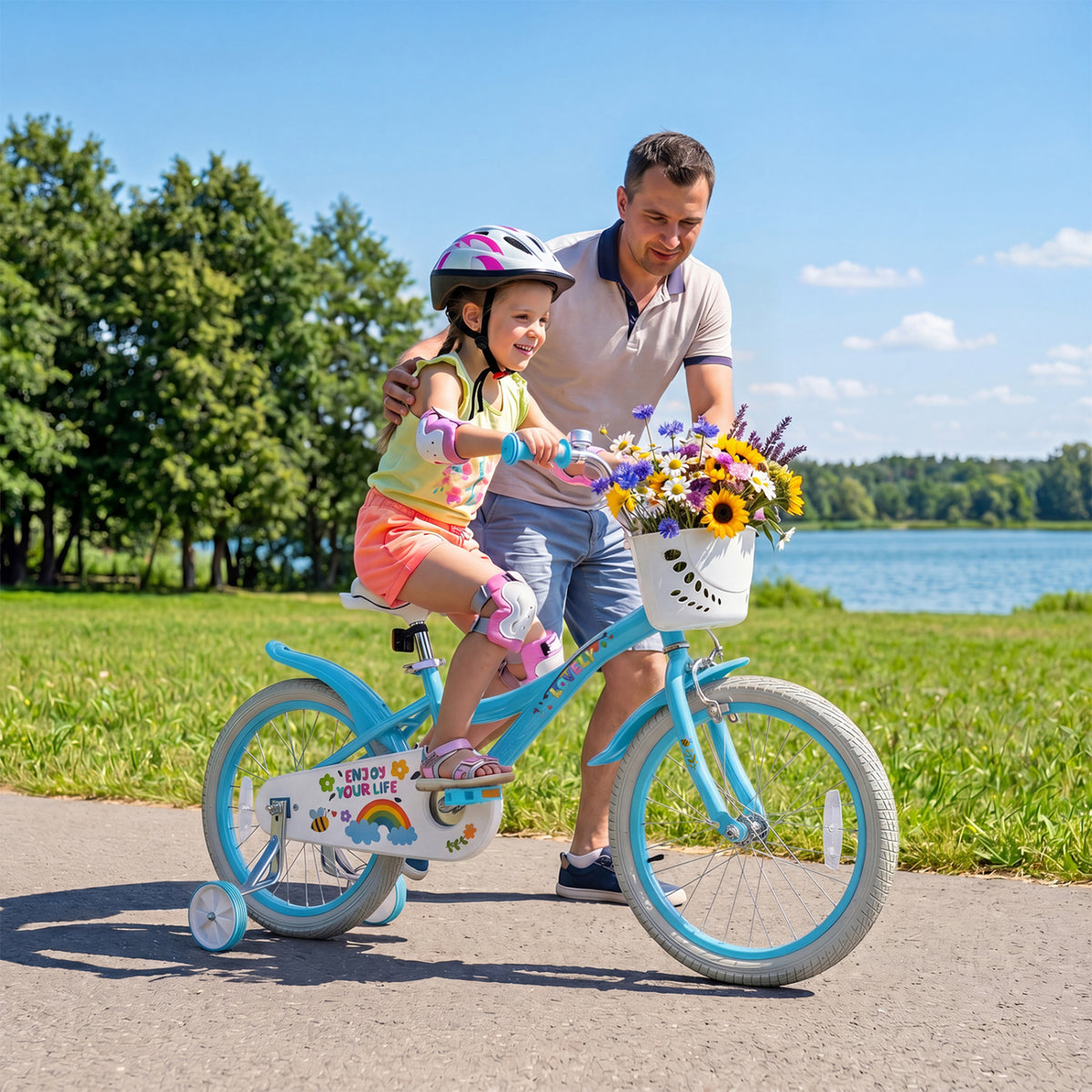 Vélo pour filles de 3 à 4 ans avec roues stabilisatrices et panier - Fête du printemps