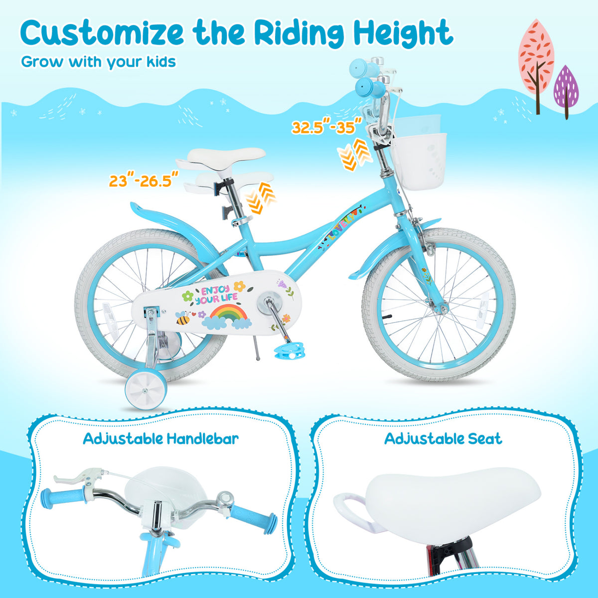Vélo pour filles de 3 à 4 ans avec roues stabilisatrices et panier - Fête du printemps