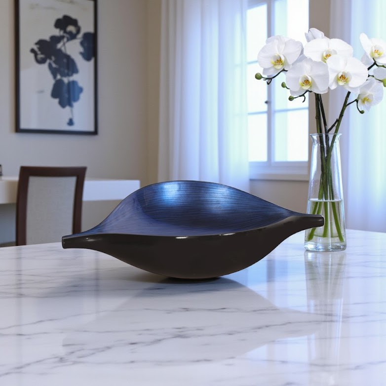 19" Black And Blue Solid Wood Novelty Centerpiece Bowl-Serving Bowls-DECOROLALA