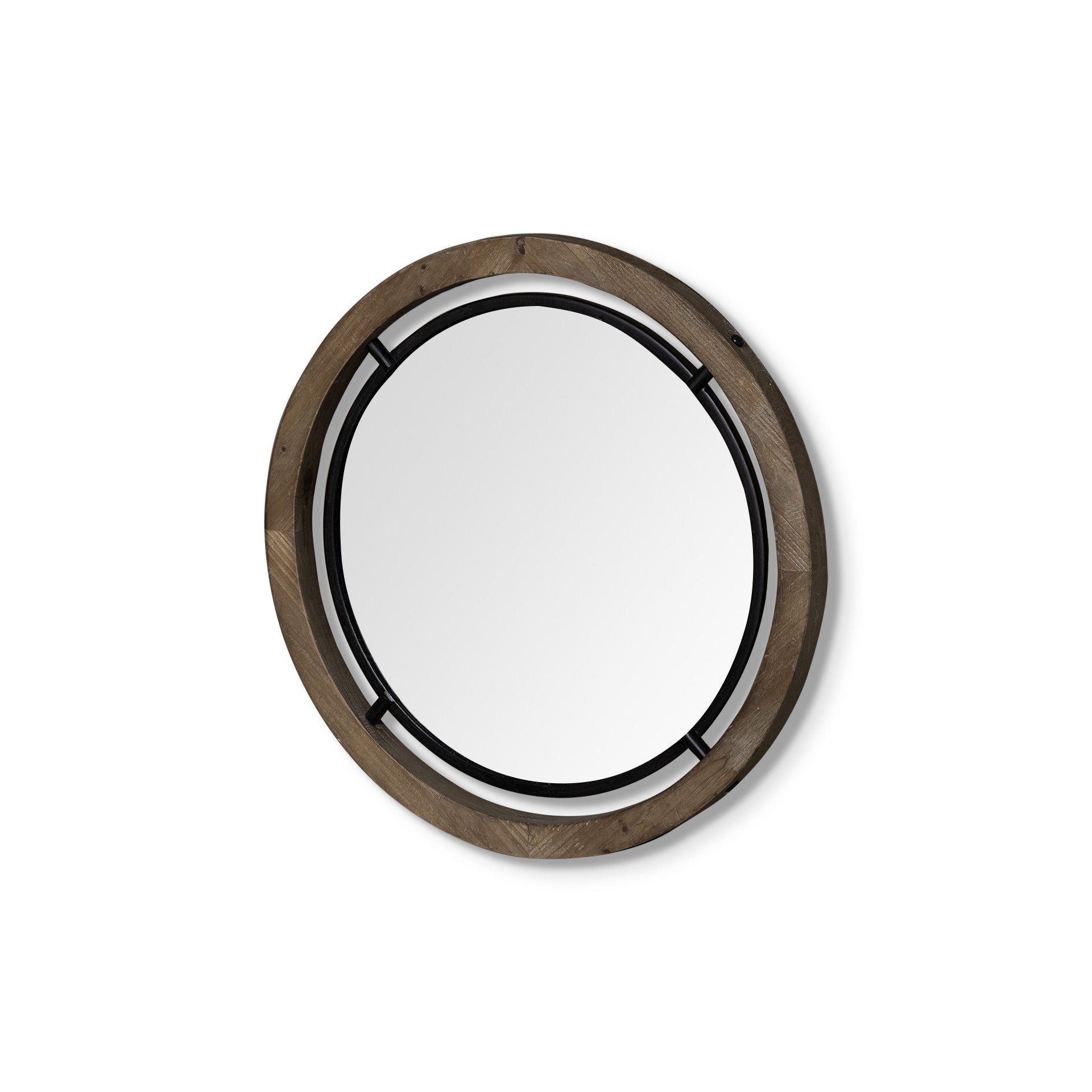 19" Brown And Black Metal And Wood Round Framed Accent Mirror-Mirrors-DECOROLALA