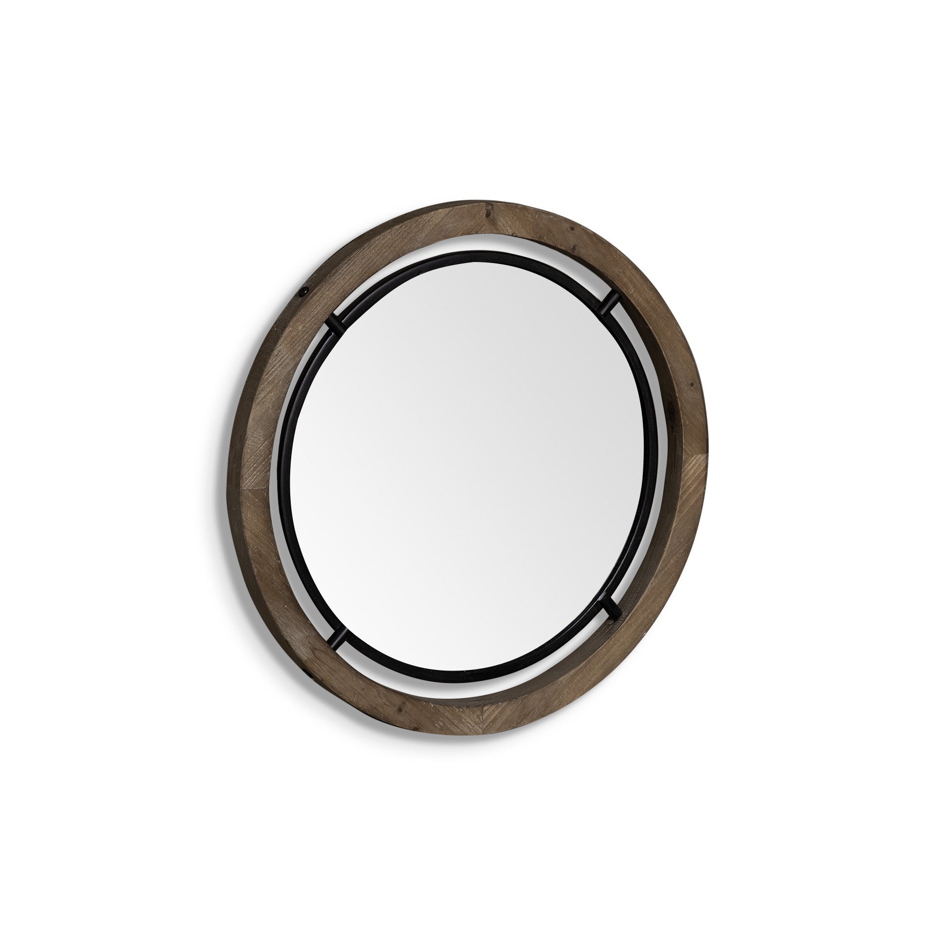 19" Brown And Black Metal And Wood Round Framed Accent Mirror-Mirrors-DECOROLALA