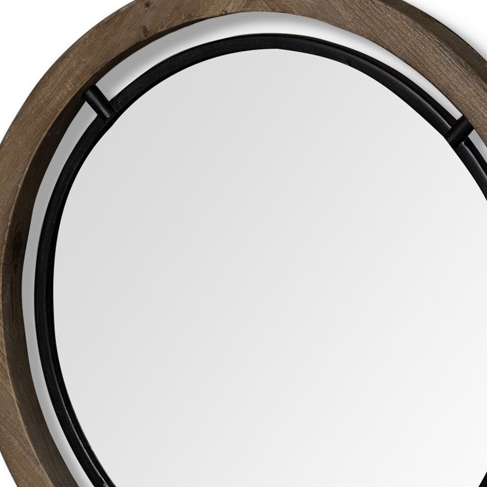 19" Brown And Black Metal And Wood Round Framed Accent Mirror-Mirrors-DECOROLALA