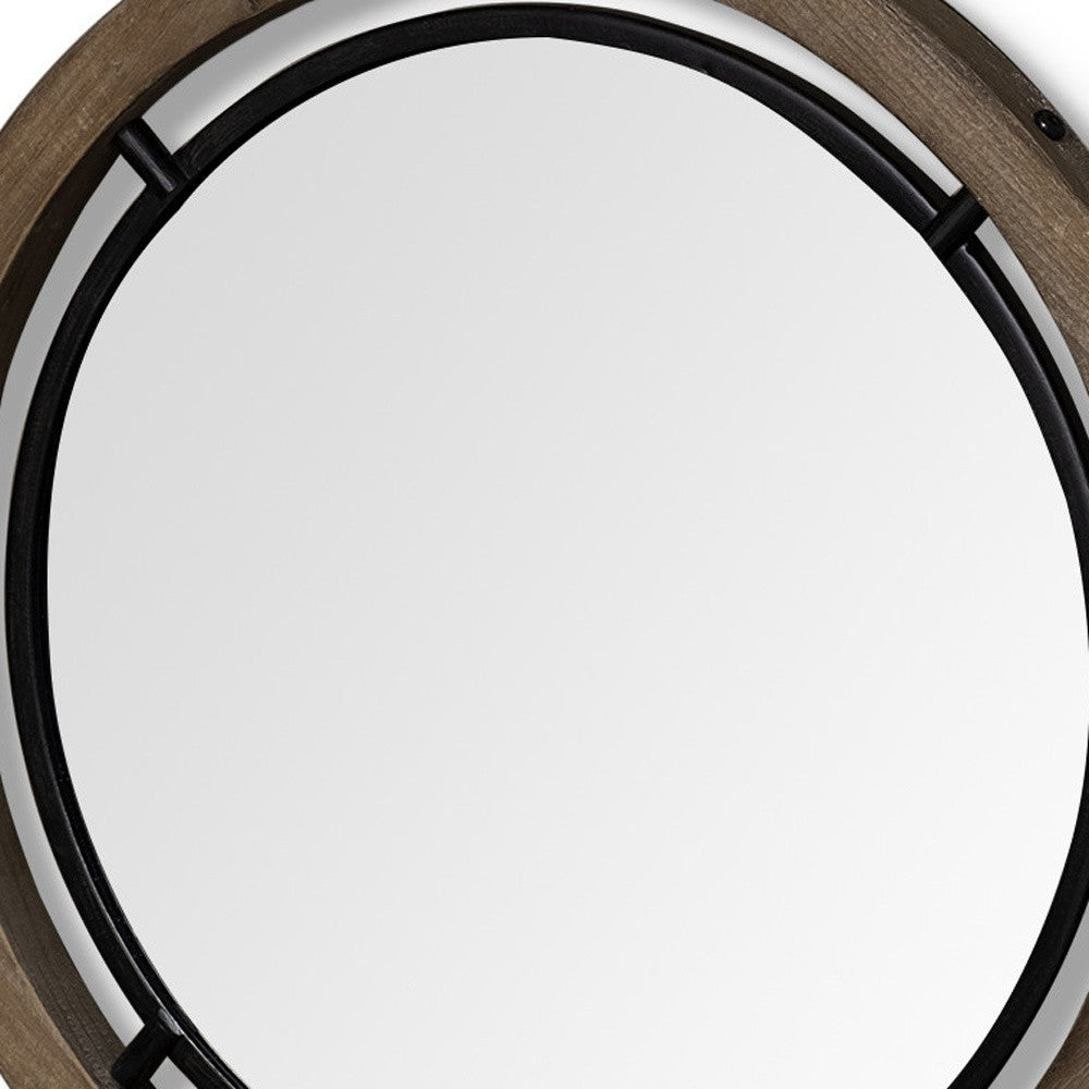 19" Brown And Black Metal And Wood Round Framed Accent Mirror-Mirrors-DECOROLALA