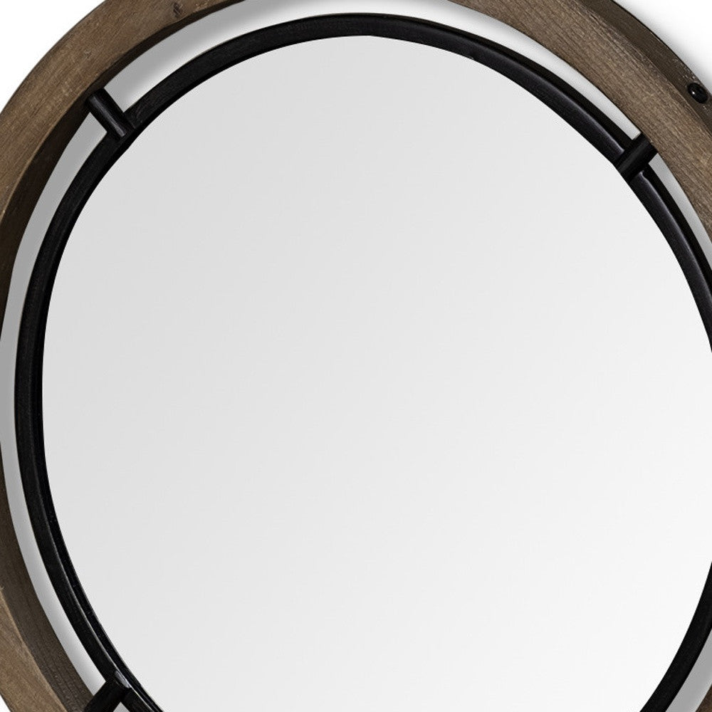 19" Brown And Black Metal And Wood Round Framed Accent Mirror-Mirrors-DECOROLALA