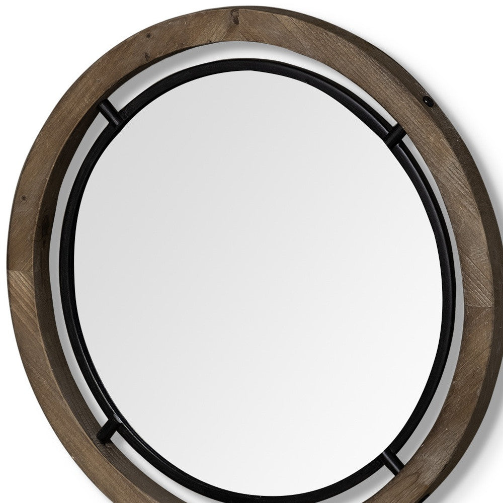 19" Brown And Black Metal And Wood Round Framed Accent Mirror-Mirrors-DECOROLALA