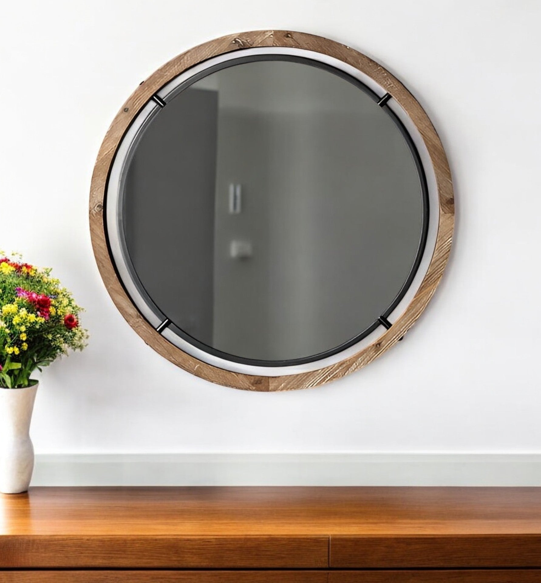 19" Brown And Black Metal And Wood Round Framed Accent Mirror-Mirrors-DECOROLALA