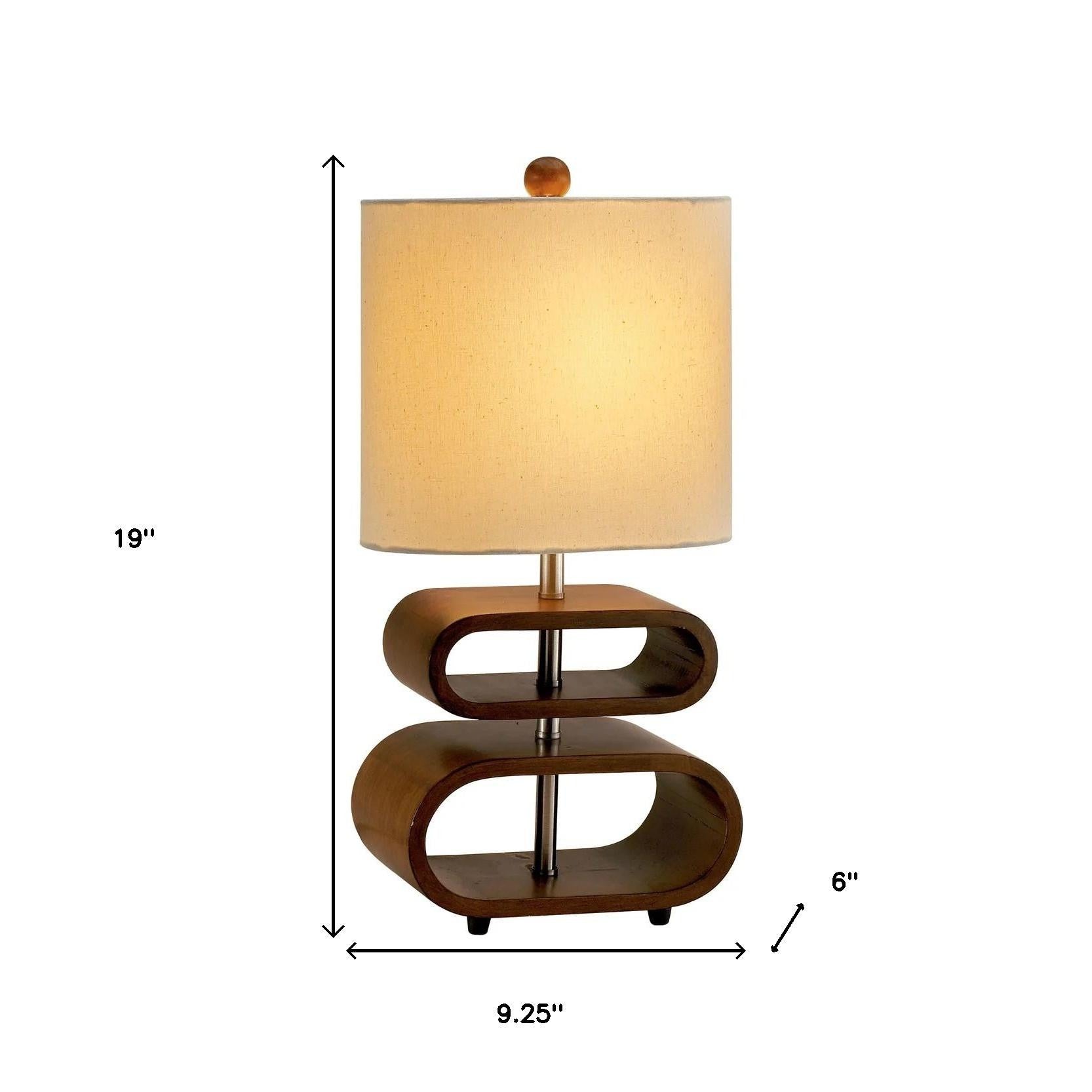 19" Brown Retro Ovals Wood Bedside Lamp With Natural Shade-Table Lamps-DECOROLALA
