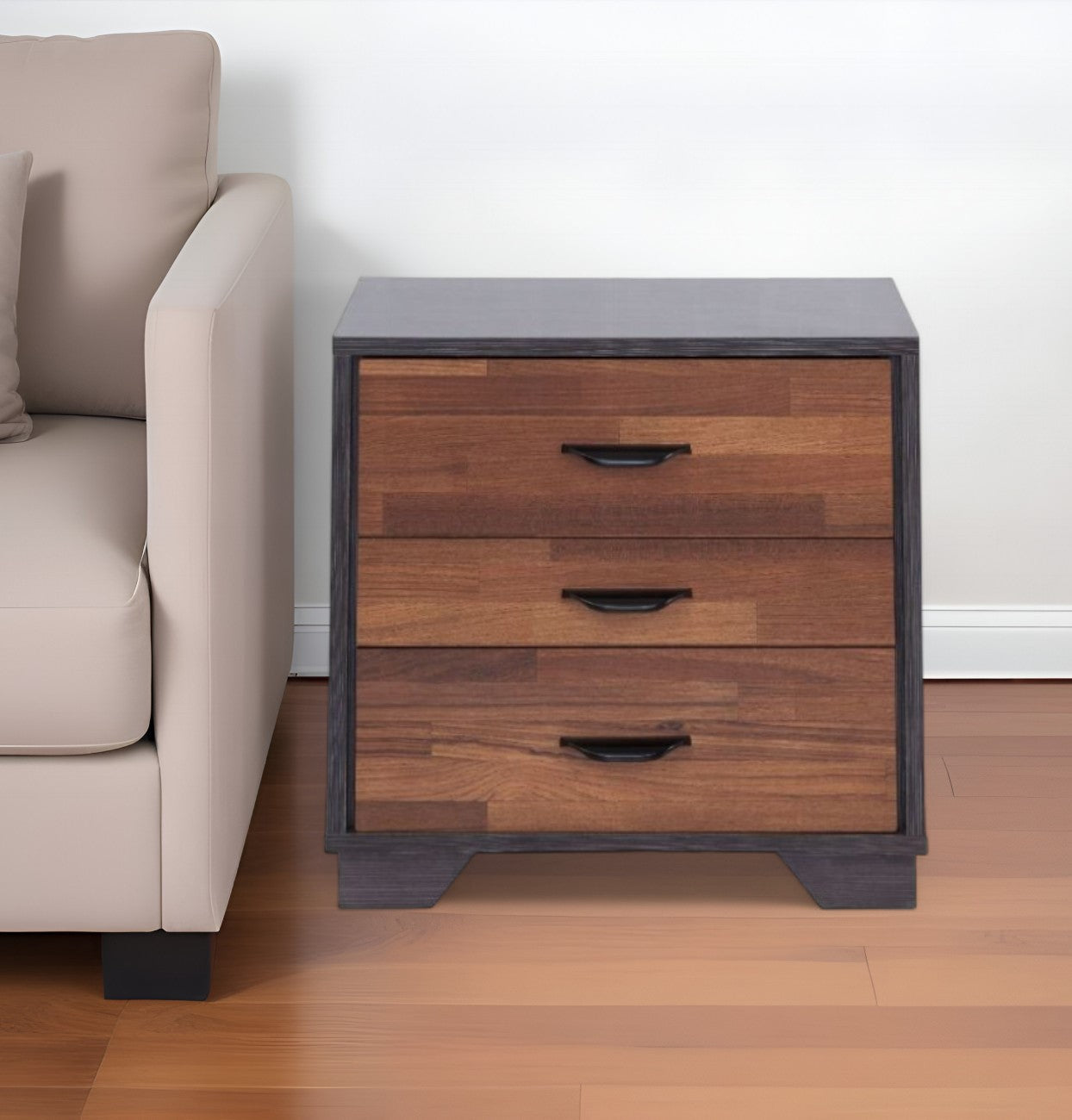 19" Espresso And Walnut Brown Three Drawer Wood Nightstand-Nightstands & Bedside Tables-DECOROLALA