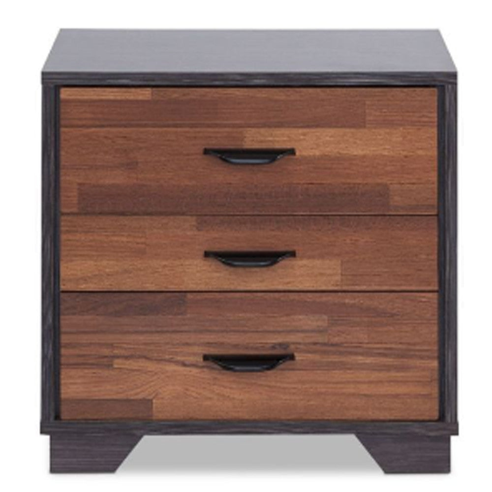 19" Espresso And Walnut Brown Three Drawer Wood Nightstand-Nightstands & Bedside Tables-DECOROLALA