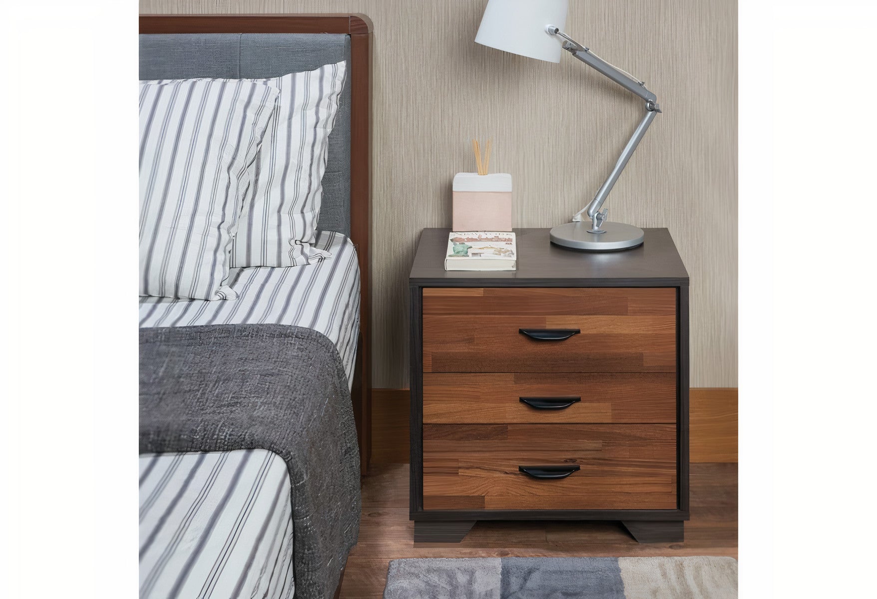 19" Espresso And Walnut Brown Three Drawer Wood Nightstand-Nightstands & Bedside Tables-DECOROLALA