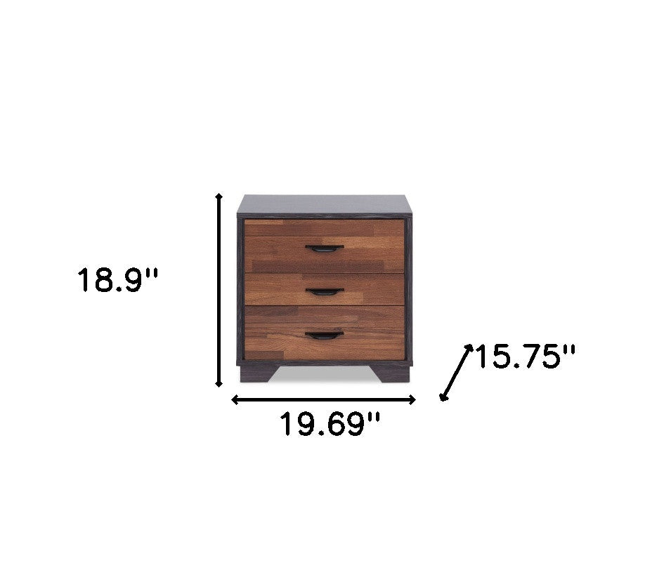 19" Espresso And Walnut Brown Three Drawer Wood Nightstand-Nightstands & Bedside Tables-DECOROLALA