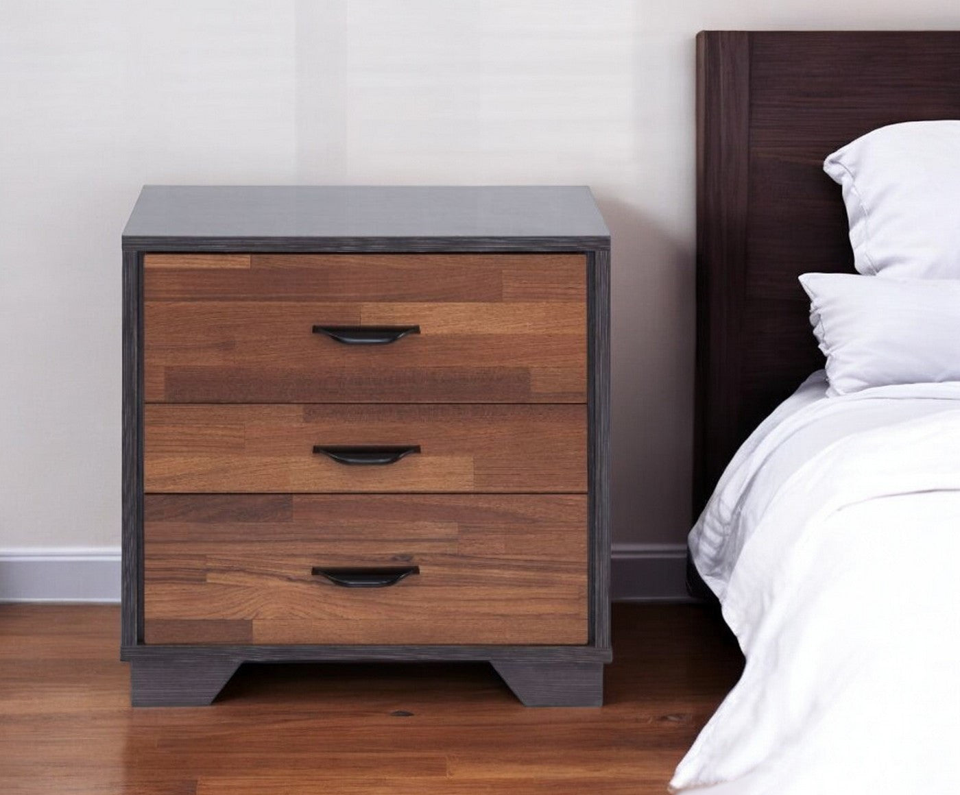 19" Espresso And Walnut Brown Three Drawer Wood Nightstand-Nightstands & Bedside Tables-DECOROLALA