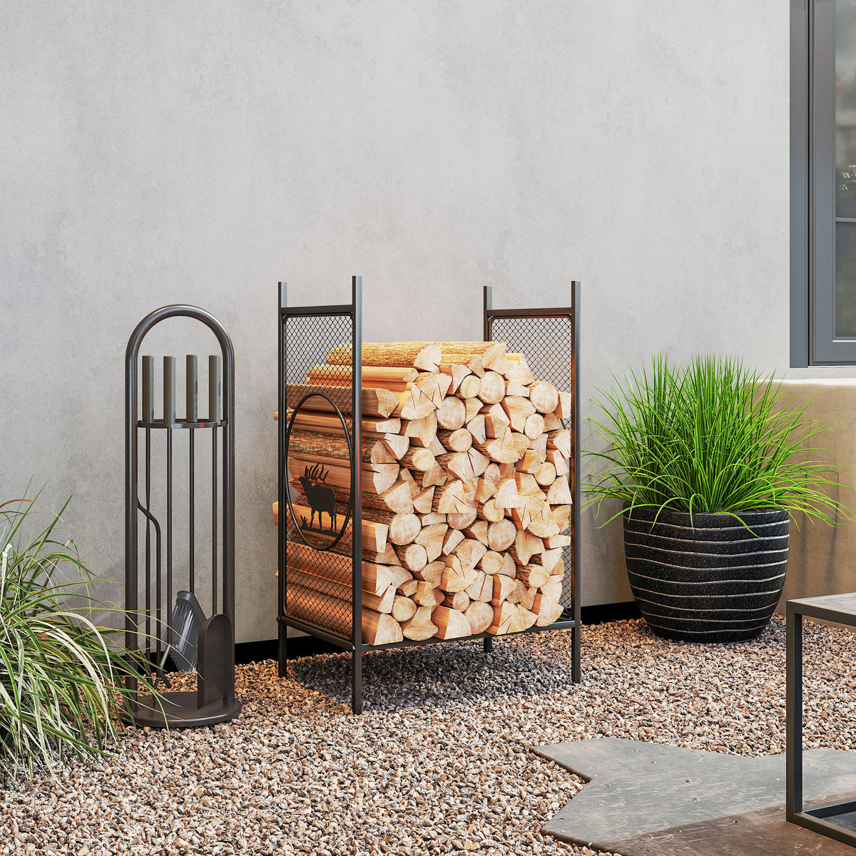19" Firewood Rack - Black Metal Log Holder with Deer Pattern-Firewood Racks-DECOROLALA