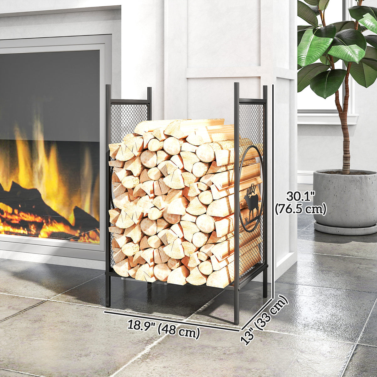 19" Firewood Rack - Black Metal Log Holder with Deer Pattern-Firewood Racks-DECOROLALA