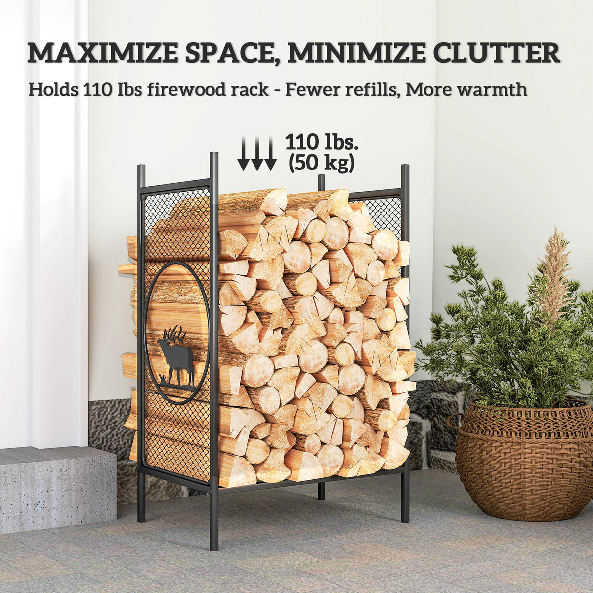 19" Firewood Rack - Black Metal Log Holder with Deer Pattern-Firewood Racks-DECOROLALA