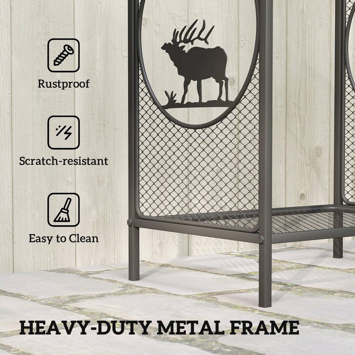 19" Firewood Rack - Black Metal Log Holder with Deer Pattern-Firewood Racks-DECOROLALA