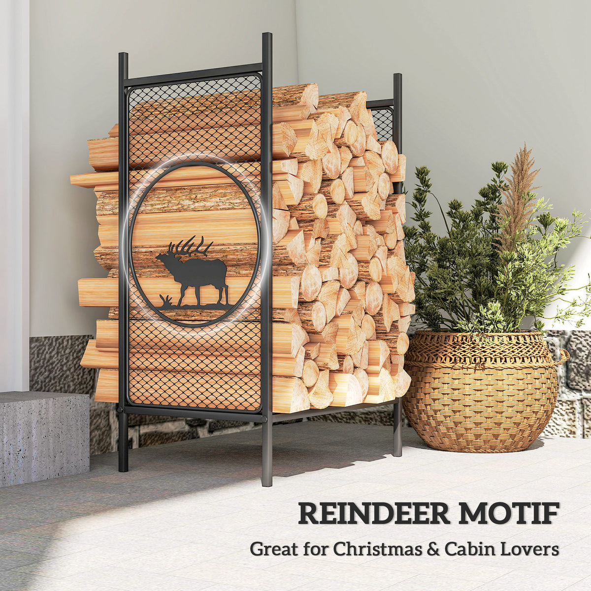 19" Firewood Rack - Black Metal Log Holder with Deer Pattern-Firewood Racks-DECOROLALA