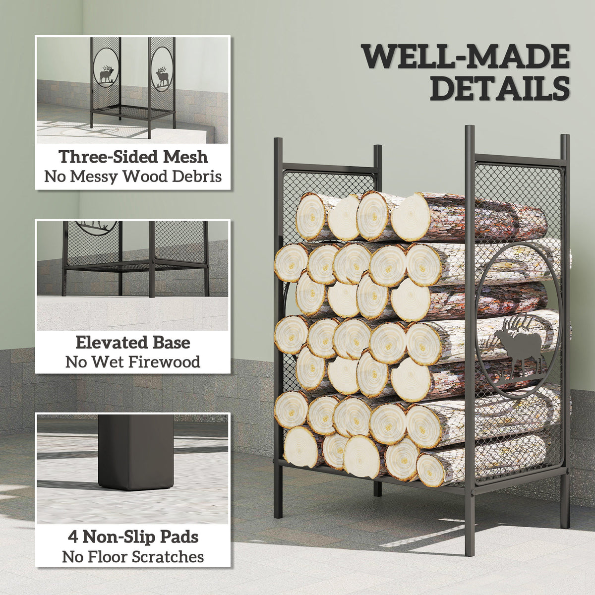 19" Firewood Rack - Black Metal Log Holder with Deer Pattern-Firewood Racks-DECOROLALA