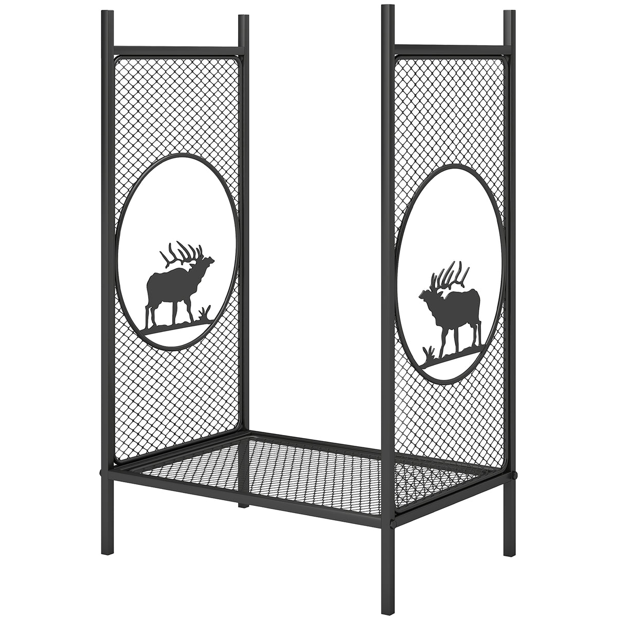 19" Firewood Rack - Black Metal Log Holder with Deer Pattern-Firewood Racks-DECOROLALA