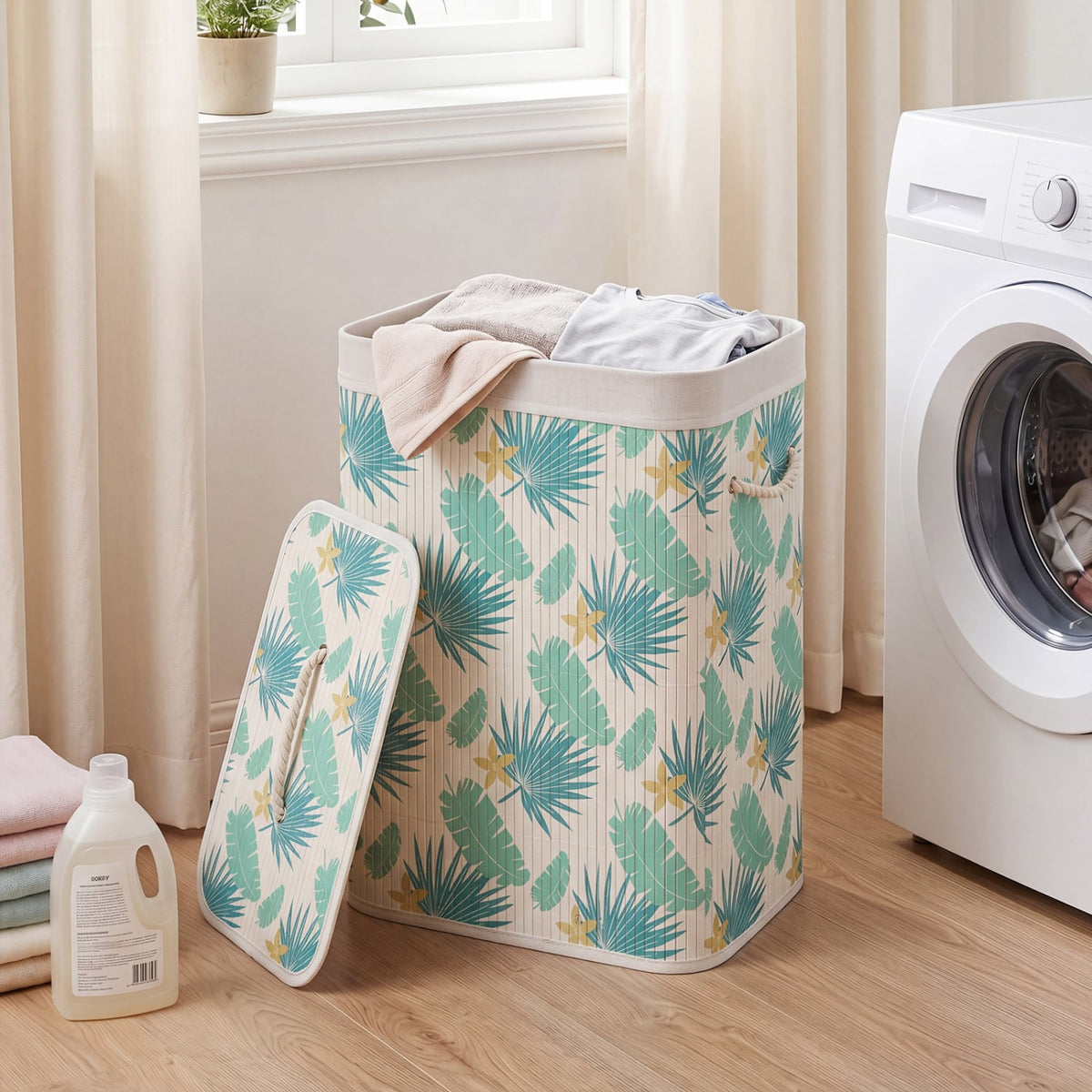 19 Gal Bamboo Clothes Hamper with Removable Liner and Portable Handles-Green-Laundry Baskets-DECOROLALA