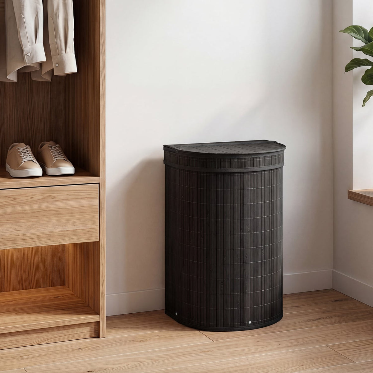 19 Gal Capacity Bamboo Laundry Hamper with Zippered Lid-Black-Laundry Baskets-DECOROLALA