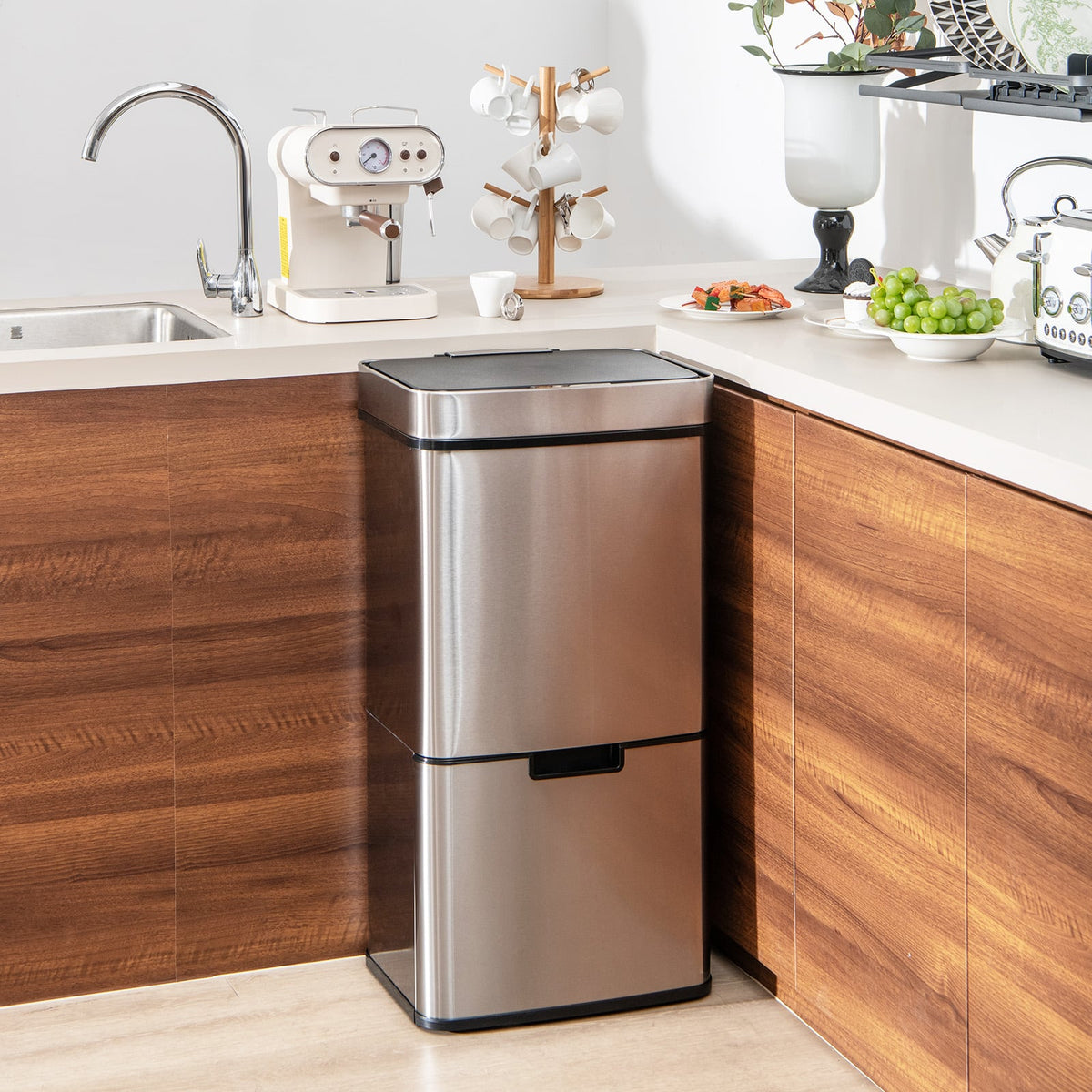 19 Gal Stainless Steel Trash Can with Kitchen Waste Bin and 2 Bottom Recycling Bins-Silver-Kitchen Trash Cans-DECOROLALA