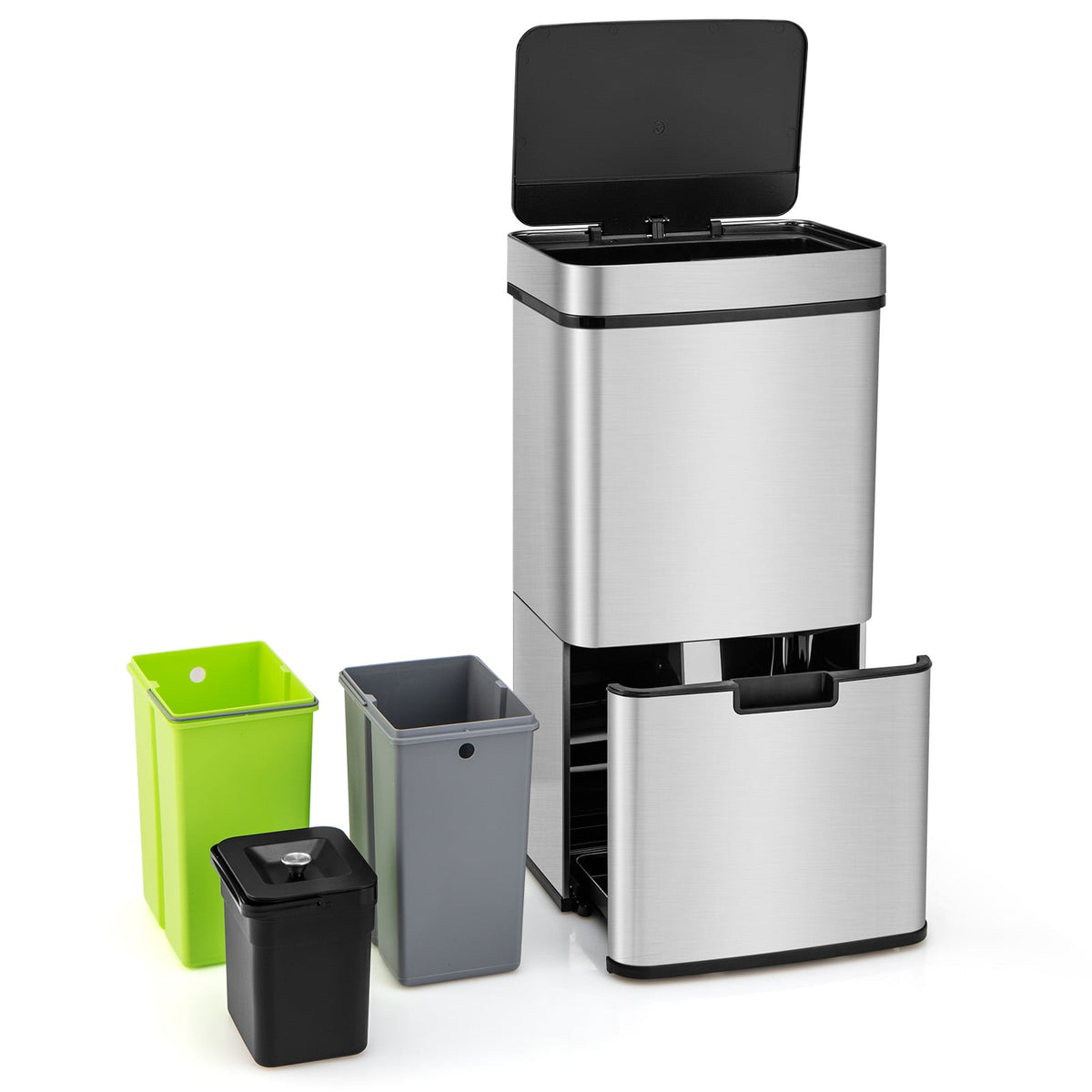 19 Gal Stainless Steel Trash Can with Kitchen Waste Bin and 2 Bottom Recycling Bins-Silver-Kitchen Trash Cans-DECOROLALA