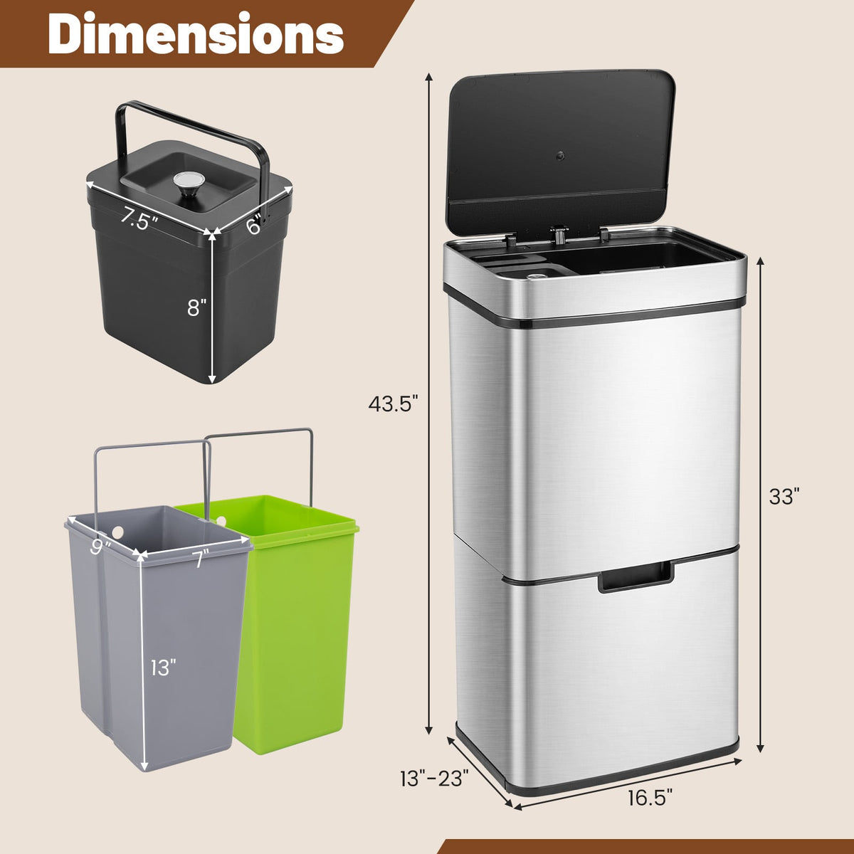 19 Gal Stainless Steel Trash Can with Kitchen Waste Bin and 2 Bottom Recycling Bins-Silver-Kitchen Trash Cans-DECOROLALA
