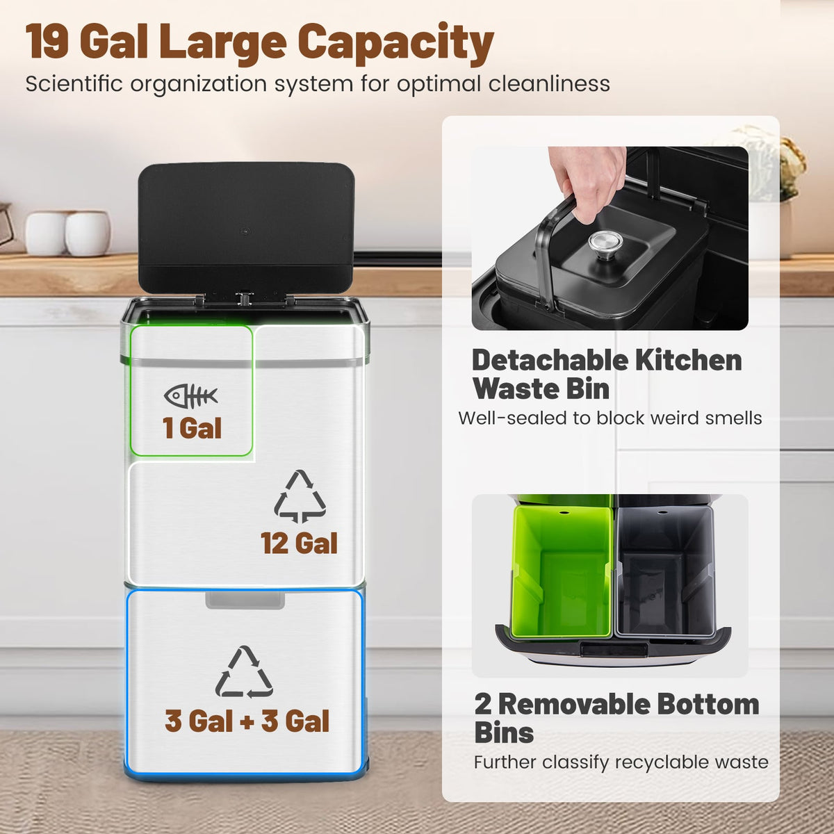 19 Gal Stainless Steel Trash Can with Kitchen Waste Bin and 2 Bottom Recycling Bins-Silver-Kitchen Trash Cans-DECOROLALA