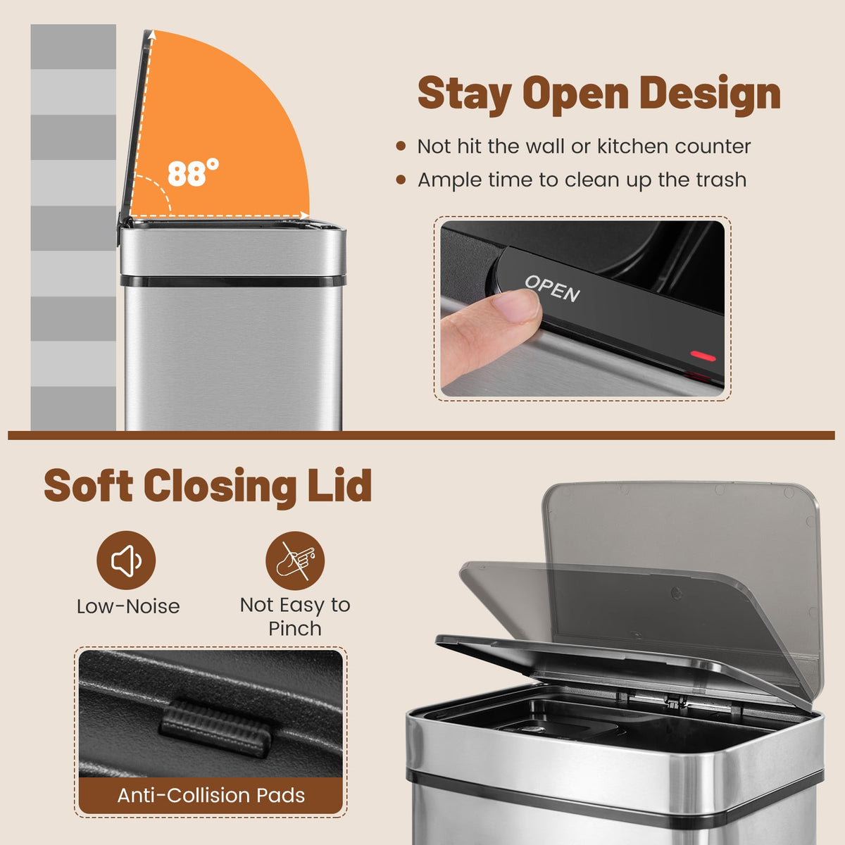 19 Gal Stainless Steel Trash Can with Kitchen Waste Bin and 2 Bottom Recycling Bins-Silver-Kitchen Trash Cans-DECOROLALA