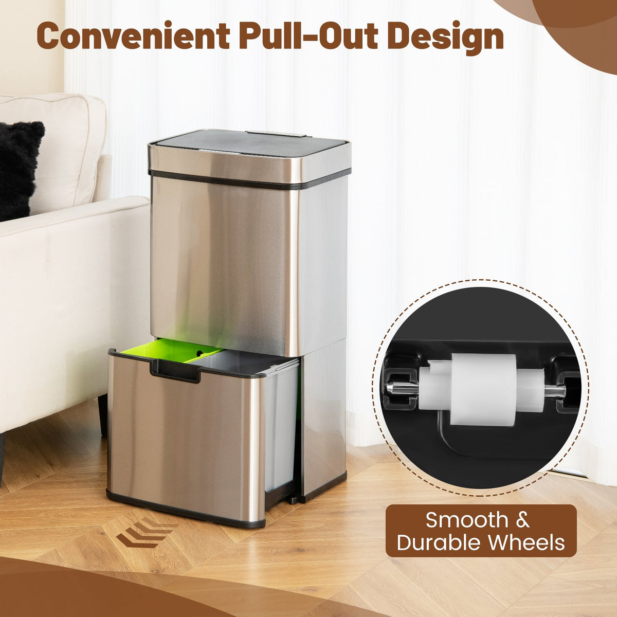 19 Gal Stainless Steel Trash Can with Kitchen Waste Bin and 2 Bottom Recycling Bins-Silver-Kitchen Trash Cans-DECOROLALA