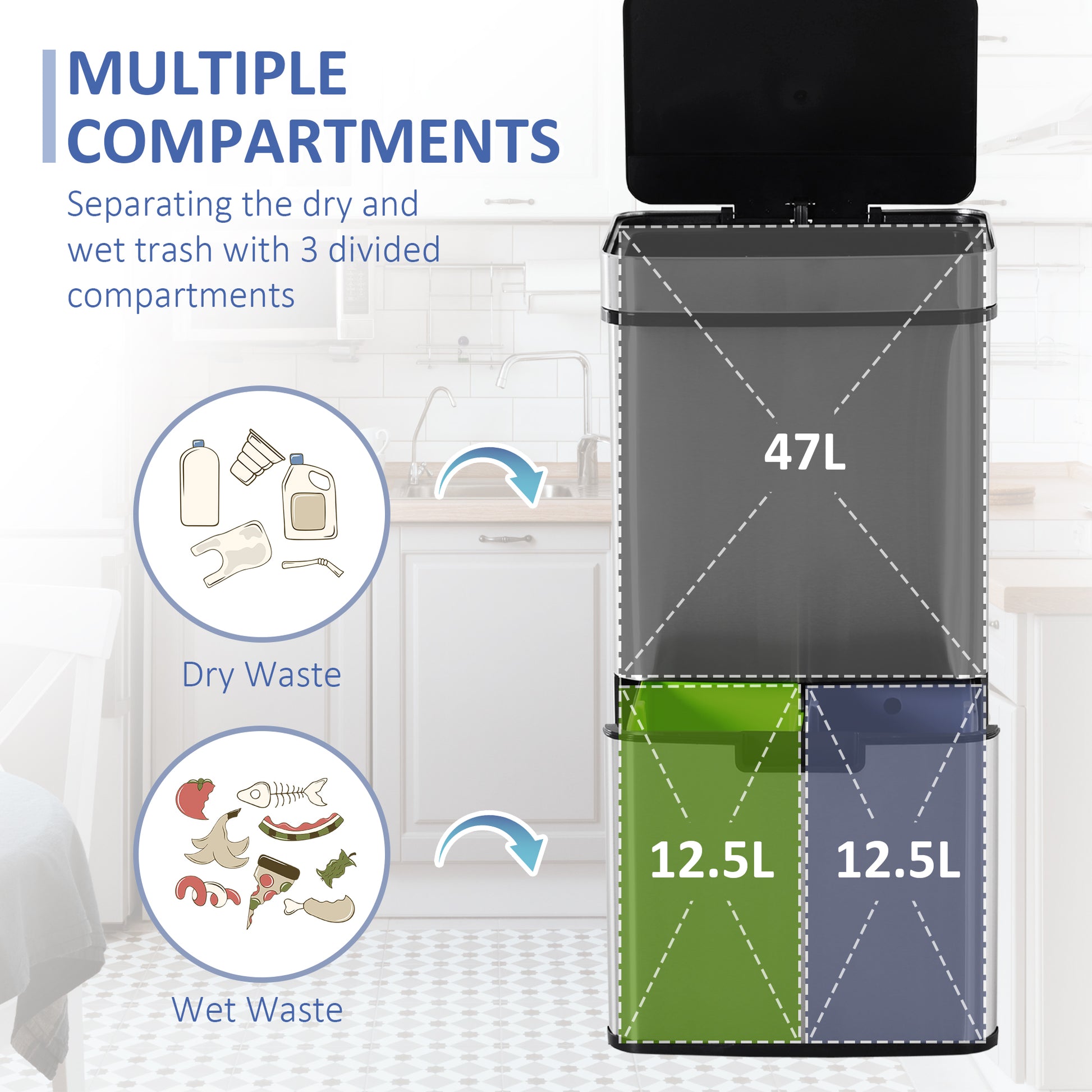 19 Gallon 3-Compartment Sensor Trash Can - Stainless Steel-DECOROLALA