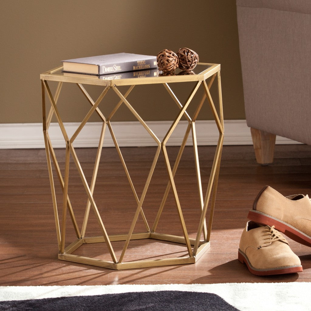19" Gold And Reflective Glass Hexagon Mirrored End Table-End-Side Tables-DECOROLALA