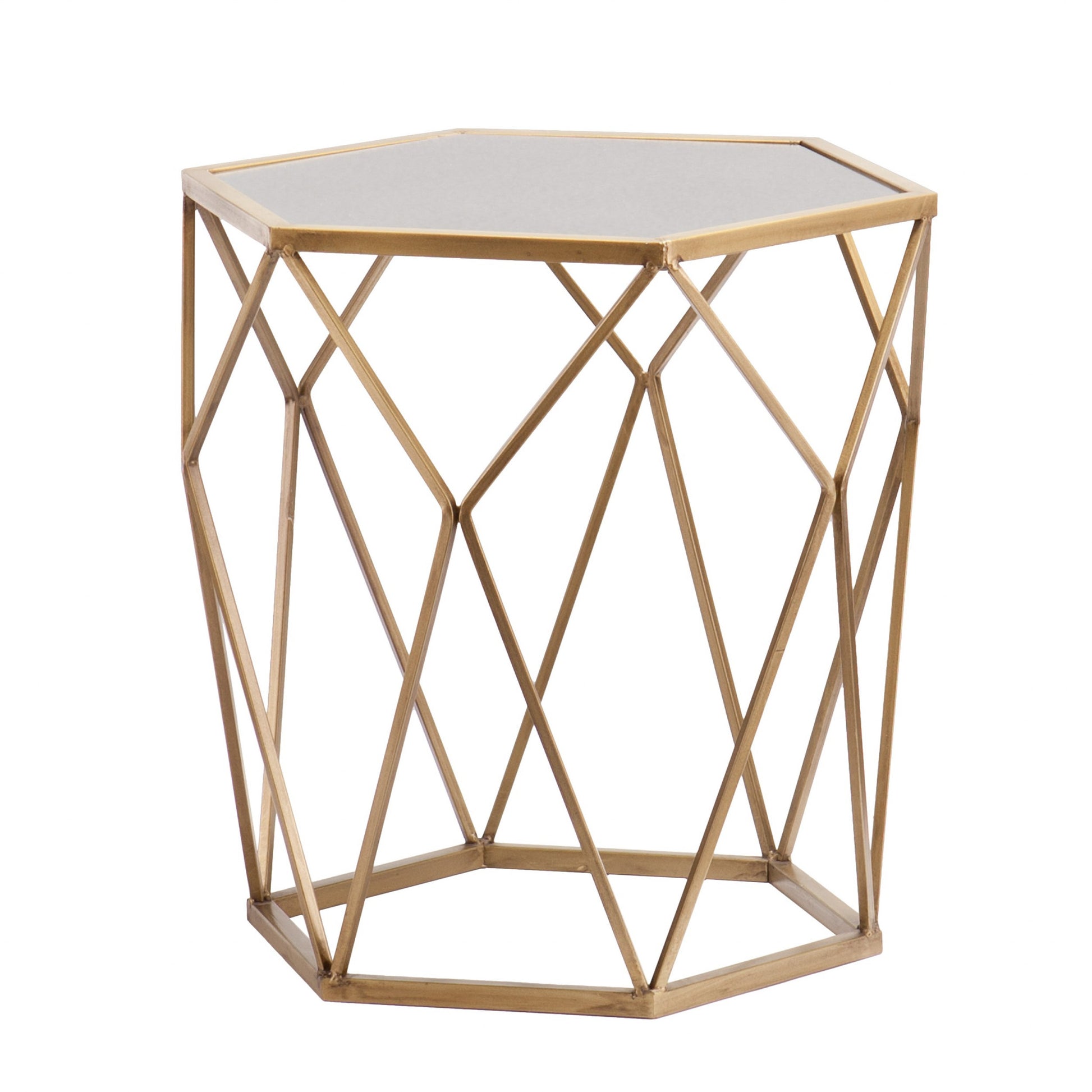 19" Gold And Reflective Glass Hexagon Mirrored End Table-End-Side Tables-DECOROLALA