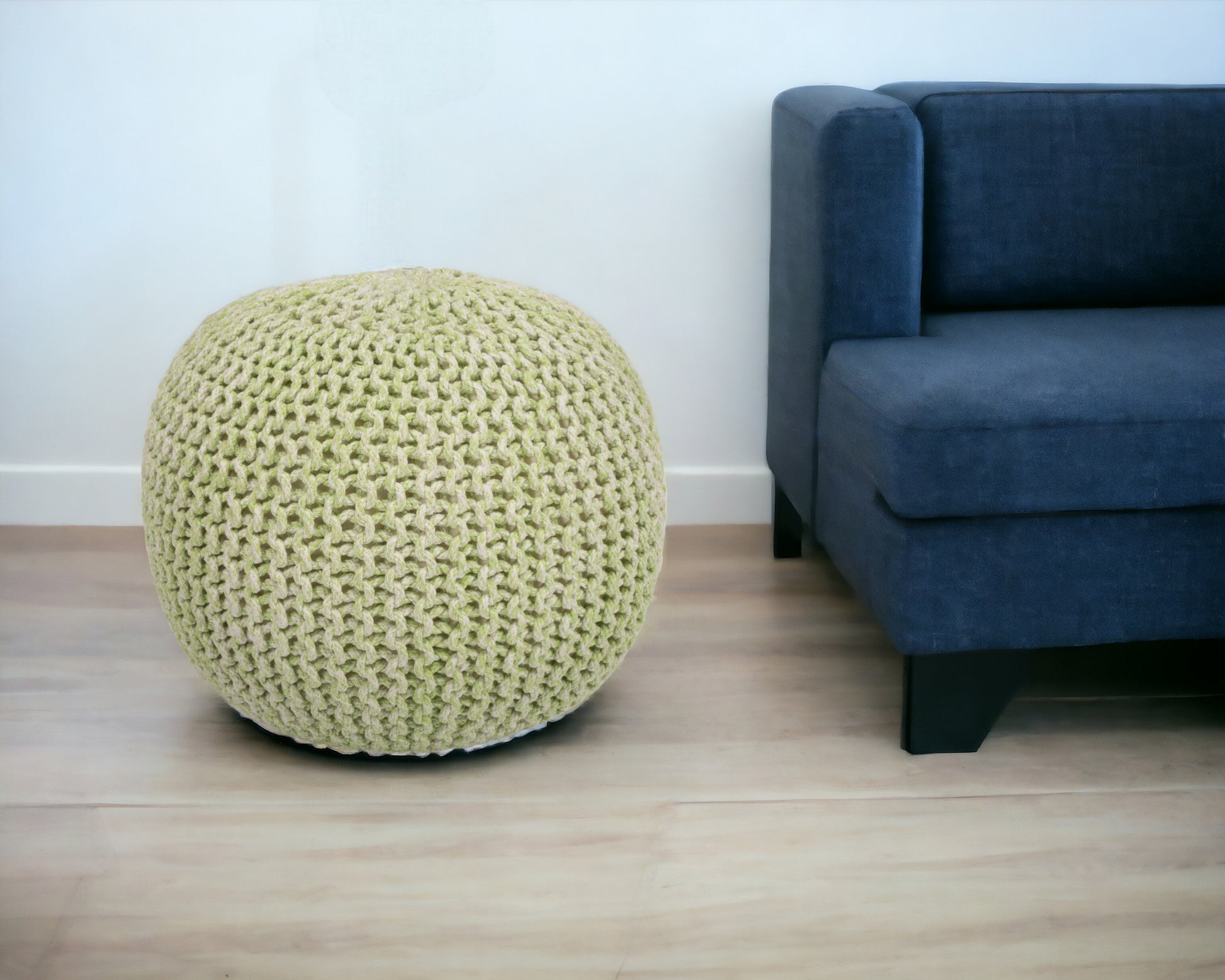 19" Green Wool Round Pouf Ottoman-Ottomans-DECOROLALA