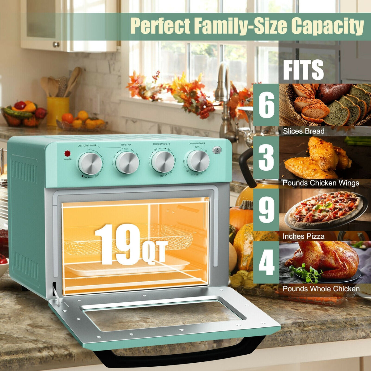 19 Qt Dehydrate Convection Air Fryer Toaster Oven with 5 Accessories-Green-Toaster Ovens-DECOROLALA