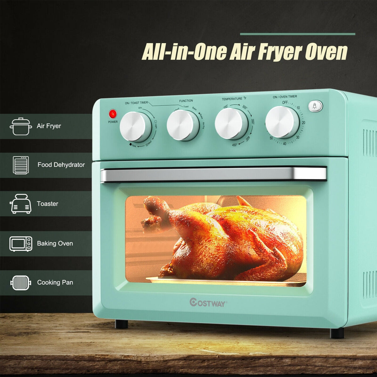 19 Qt Dehydrate Convection Air Fryer Toaster Oven with 5 Accessories-Green-Toaster Ovens-DECOROLALA