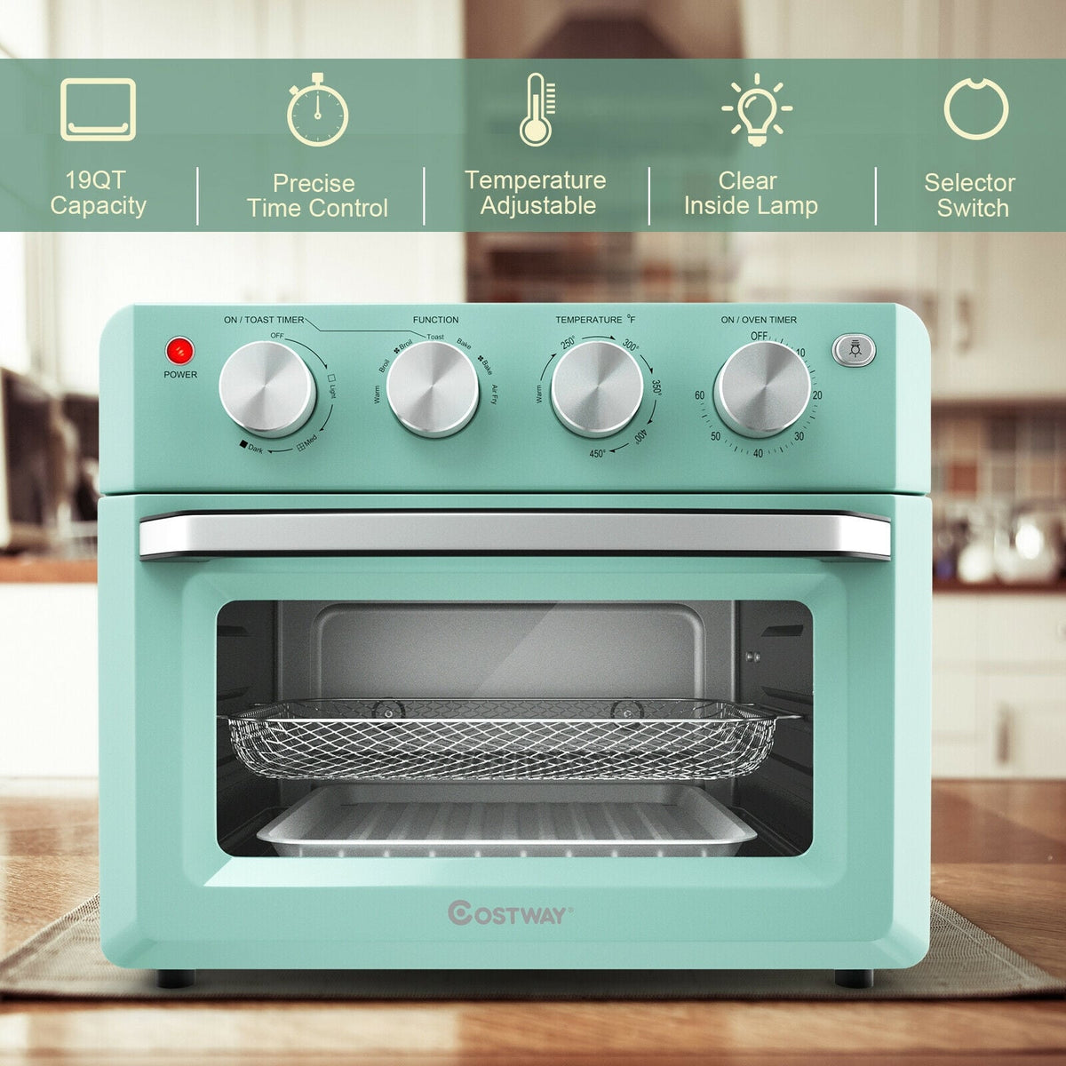 19 Qt Dehydrate Convection Air Fryer Toaster Oven with 5 Accessories-Green-Toaster Ovens-DECOROLALA