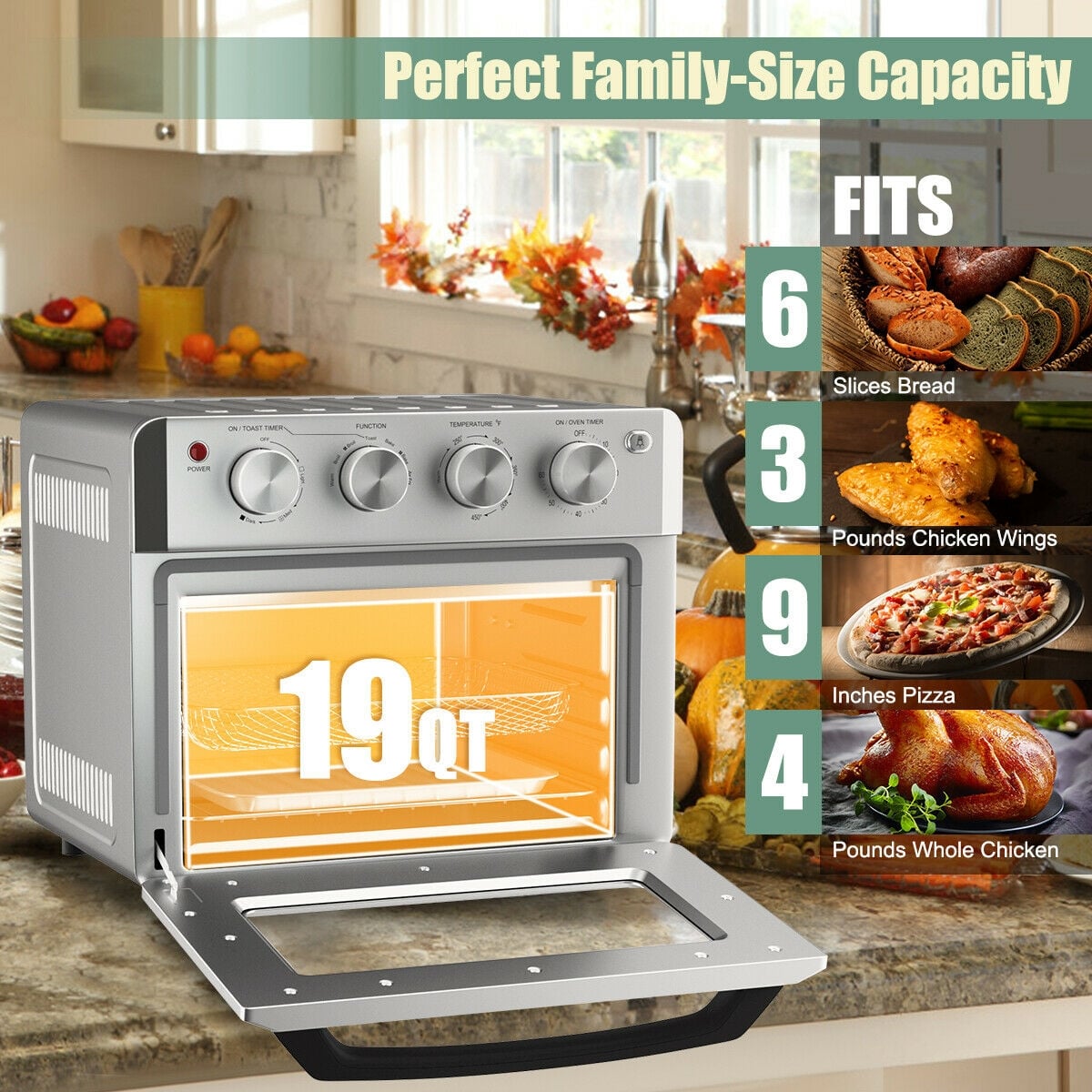 19 Qt Dehydrate Convection Air Fryer Toaster Oven with 5 Accessories-Toaster Ovens-DECOROLALA