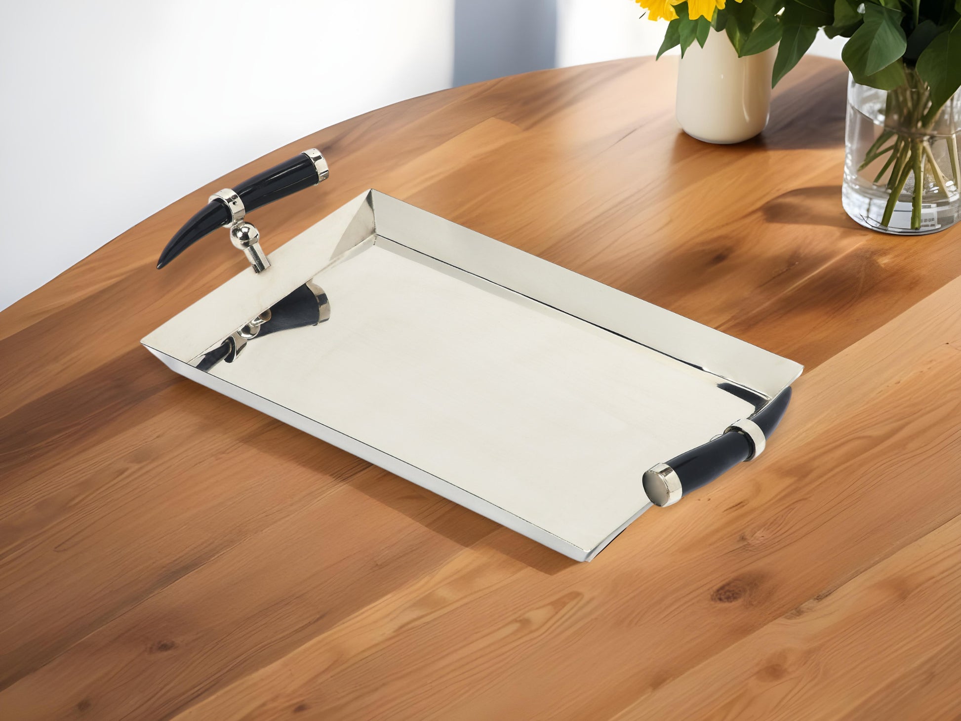 19" Silver Stainless Steel Serving Tray With Horn Handles-Trays-DECOROLALA