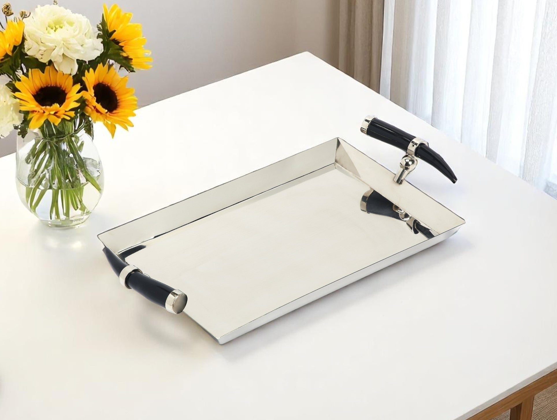 19" Silver Stainless Steel Serving Tray With Horn Handles-Trays-DECOROLALA