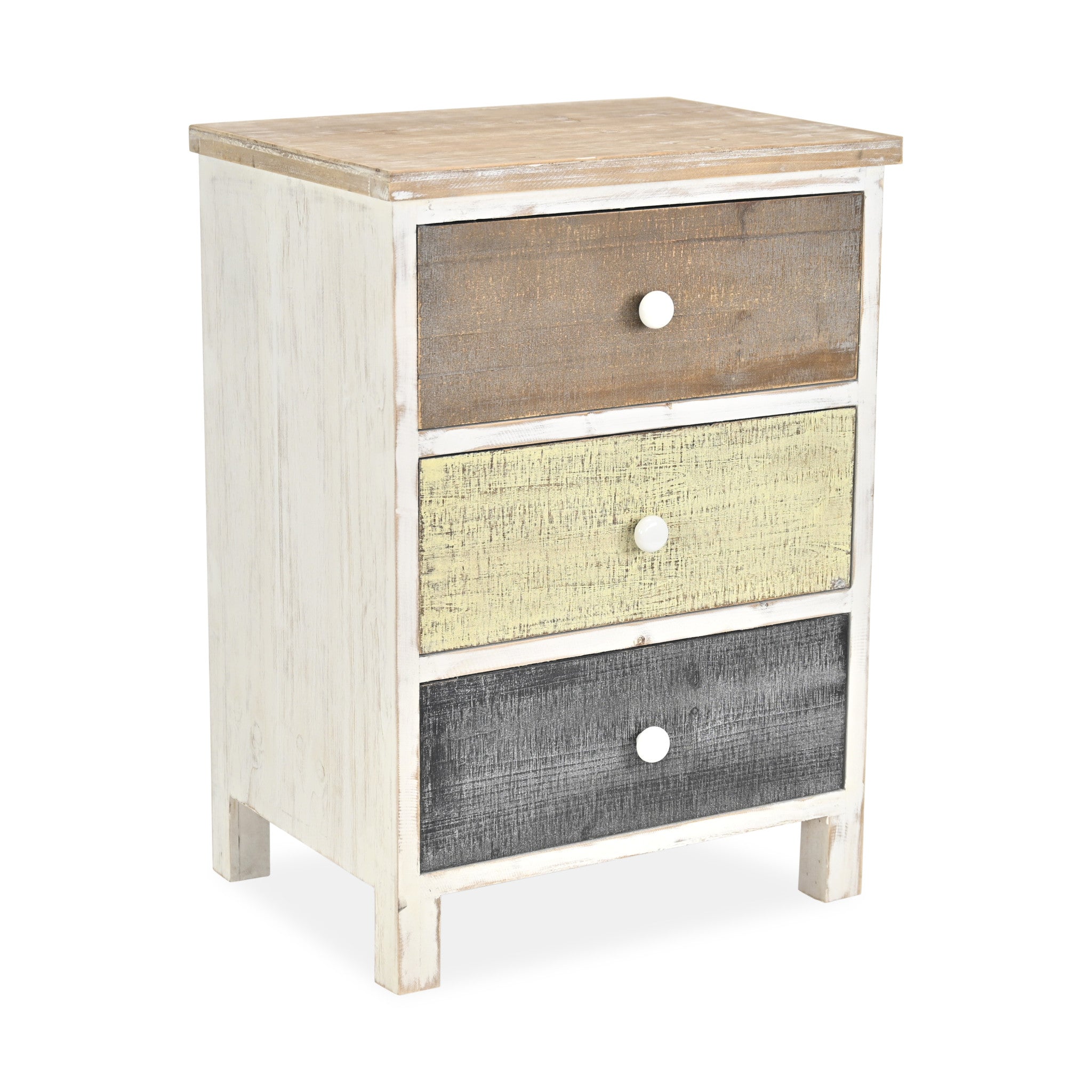 19" White Gray and Natural Distressed Accent Cabinet With Three Drawers-Cabinets-DECOROLALA