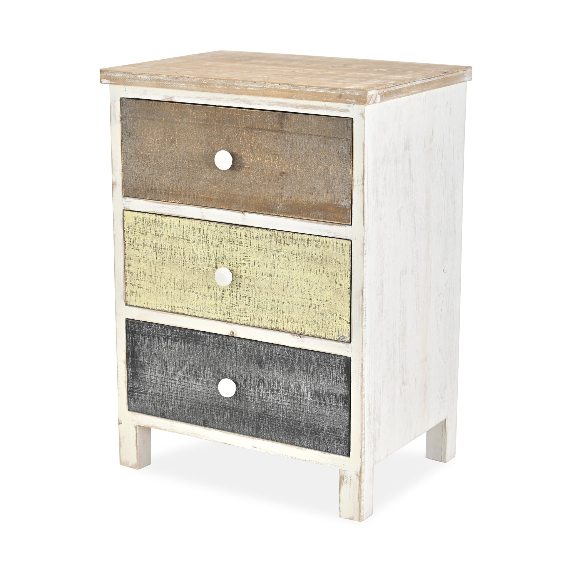 19" White Gray and Natural Distressed Accent Cabinet With Three Drawers-Cabinets-DECOROLALA