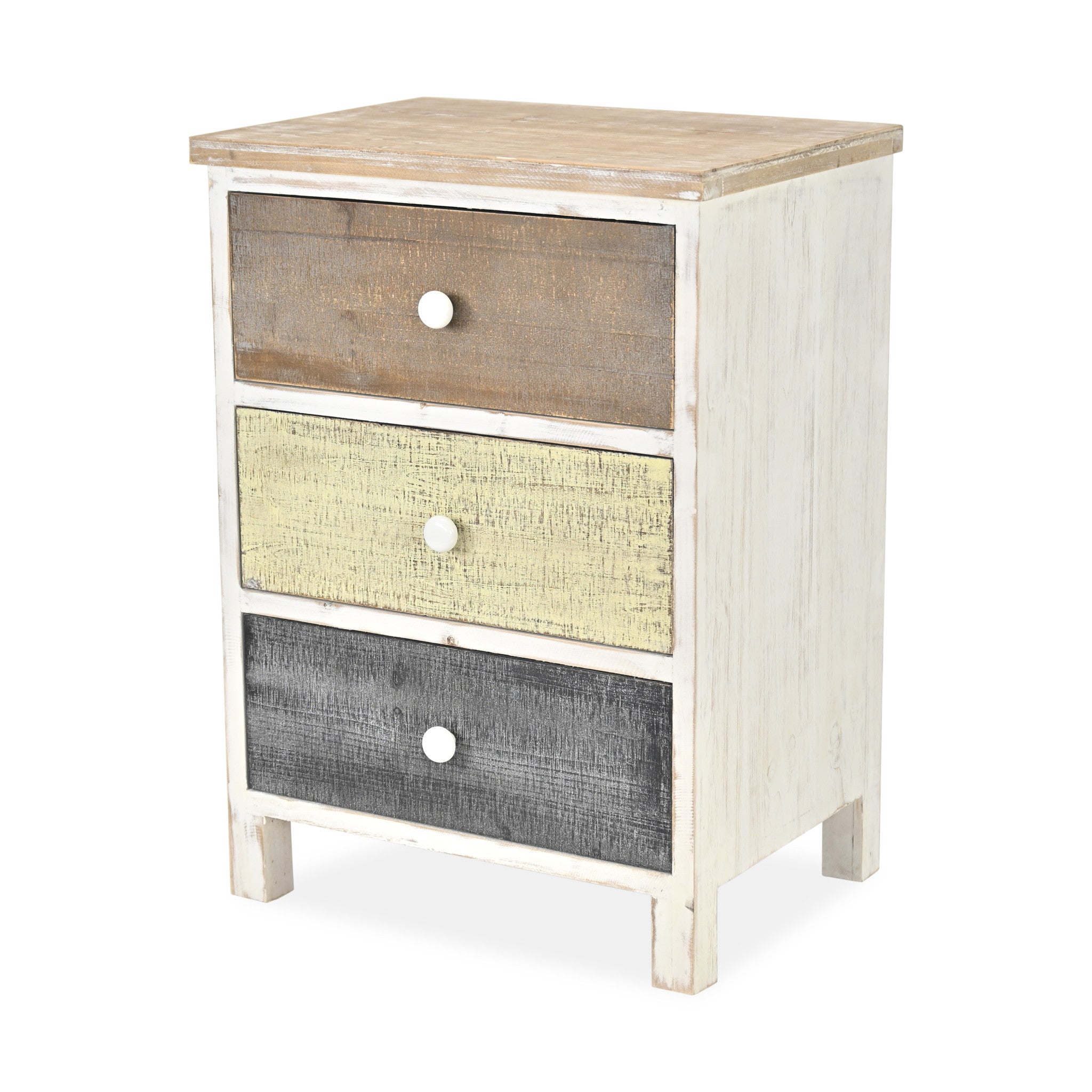 19" White Gray and Natural Distressed Accent Cabinet With Three Drawers-Cabinets-DECOROLALA