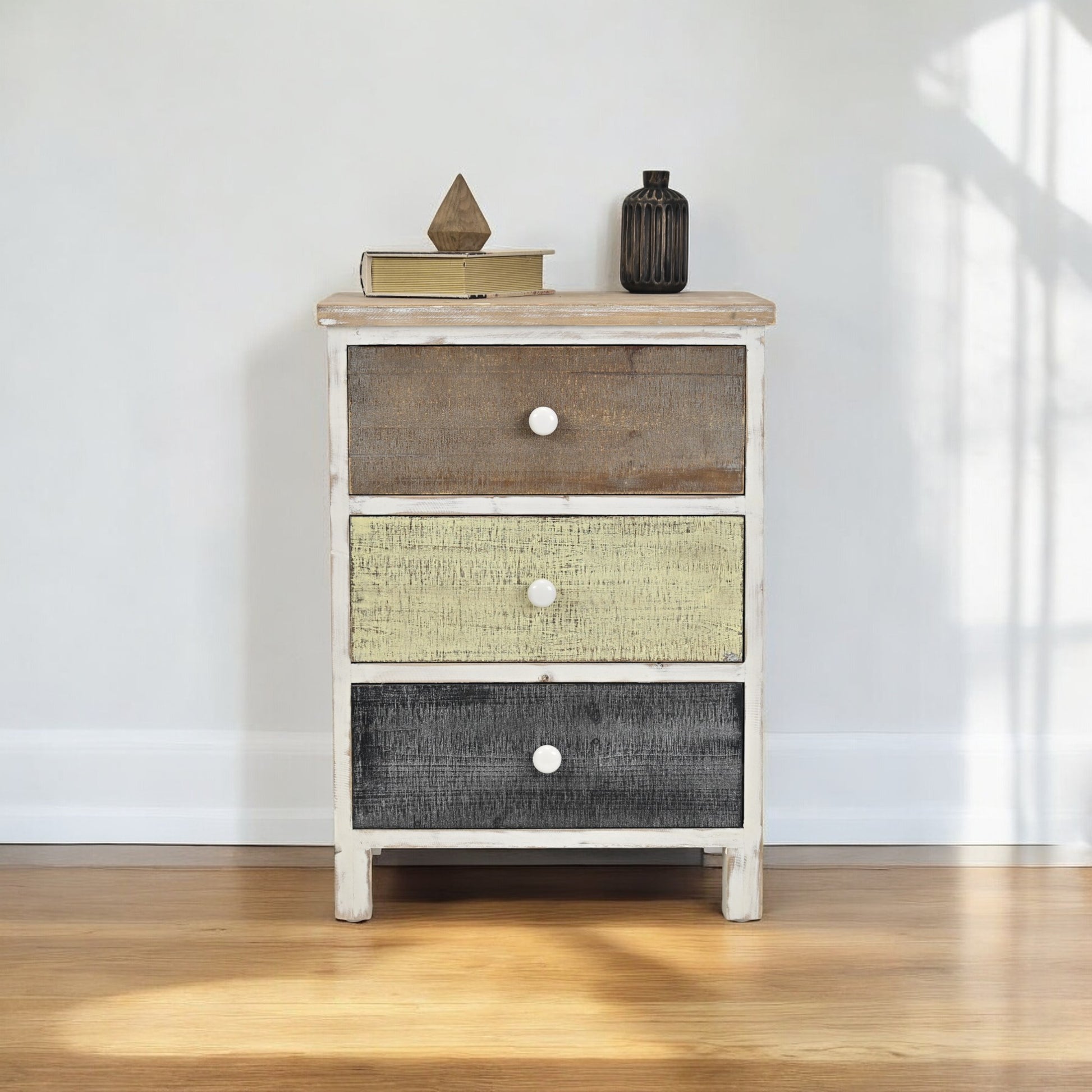 19" White Gray and Natural Distressed Accent Cabinet With Three Drawers-Cabinets-DECOROLALA