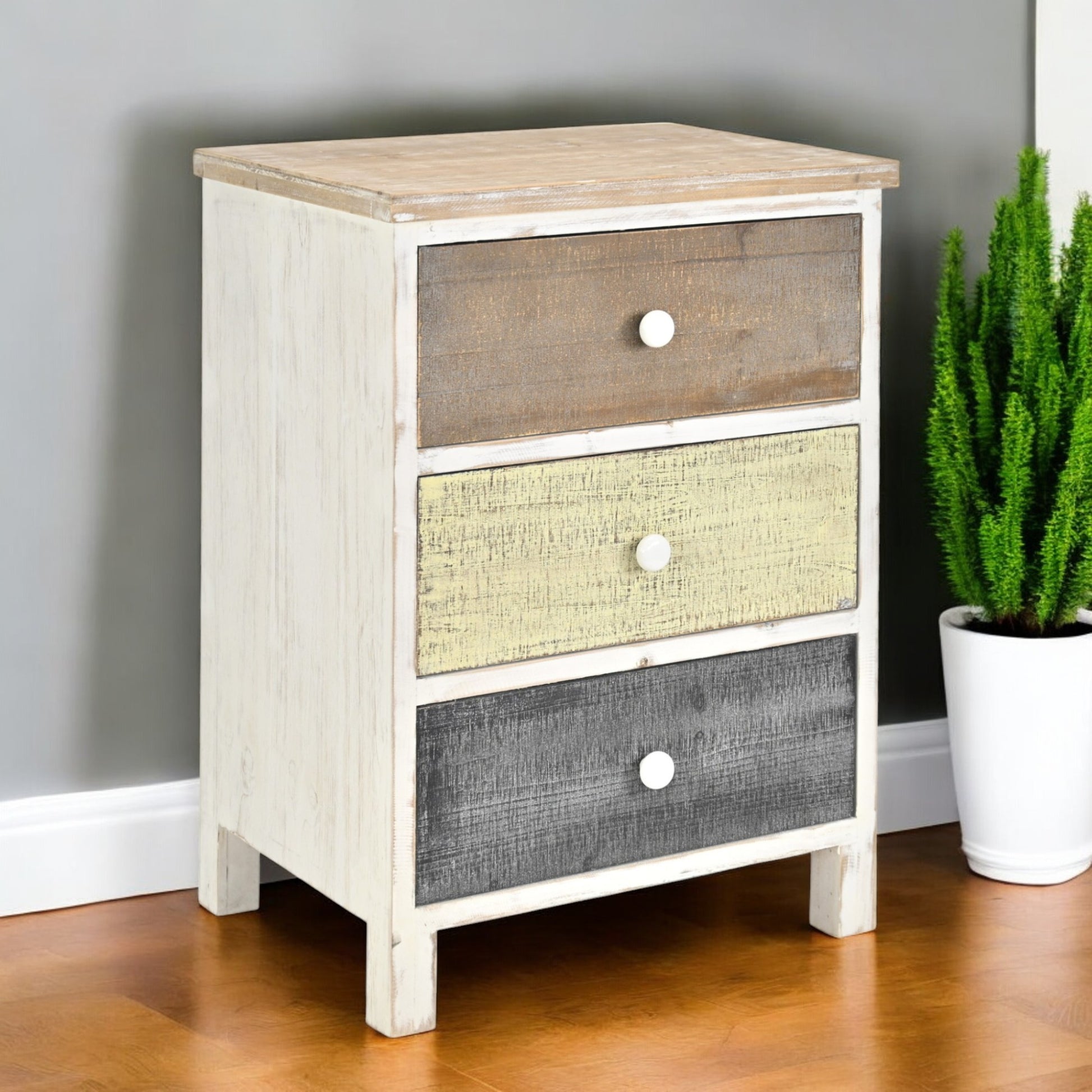 19" White Gray and Natural Distressed Accent Cabinet With Three Drawers-Cabinets-DECOROLALA