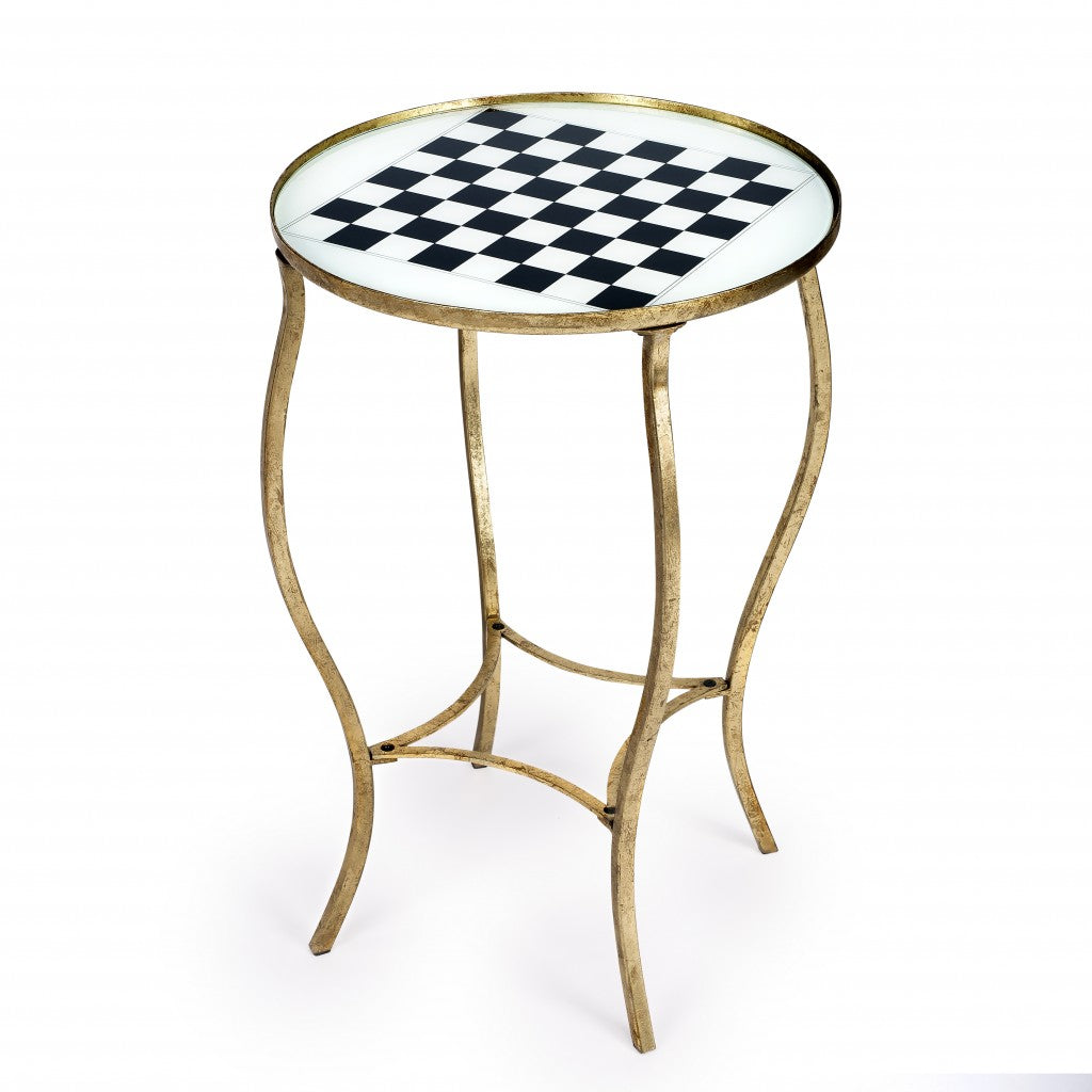19" White and Gold Glass and Metal Round Coffee Table-Game Tables-DECOROLALA